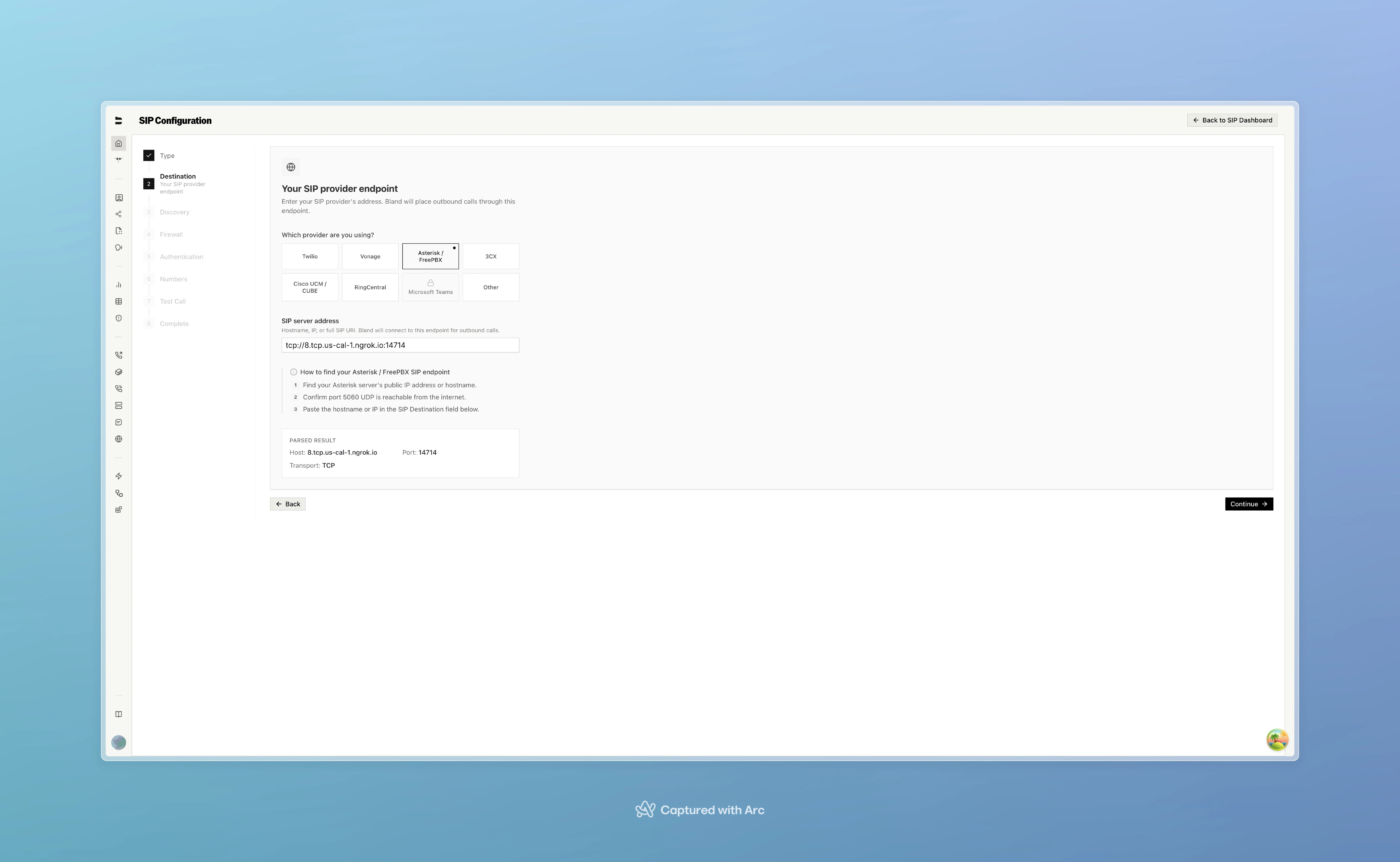 SIP Wizard destination step showing provider selection and SIP server address input with parsed result