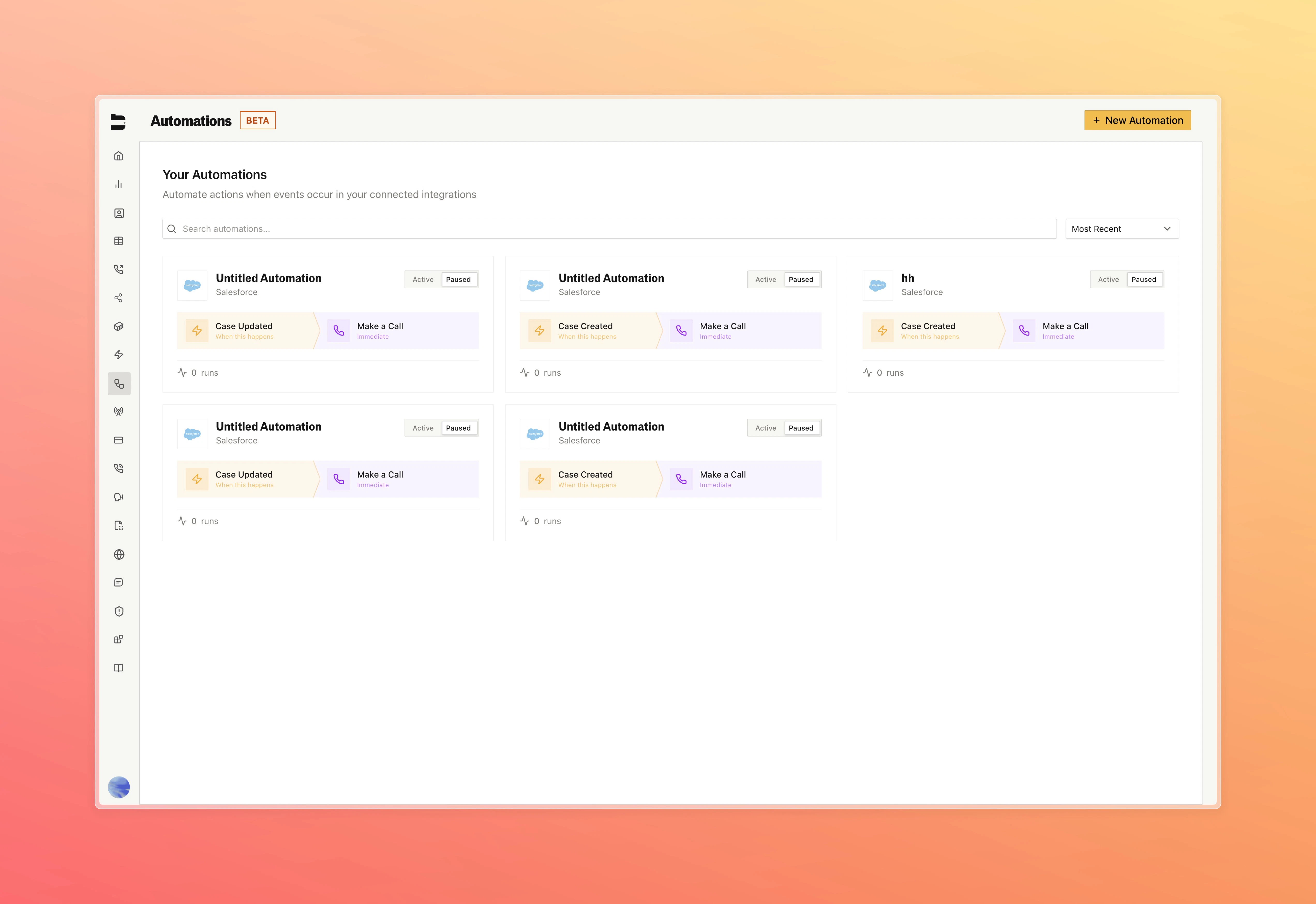 Triggers gallery showing automation cards with event sources and action types