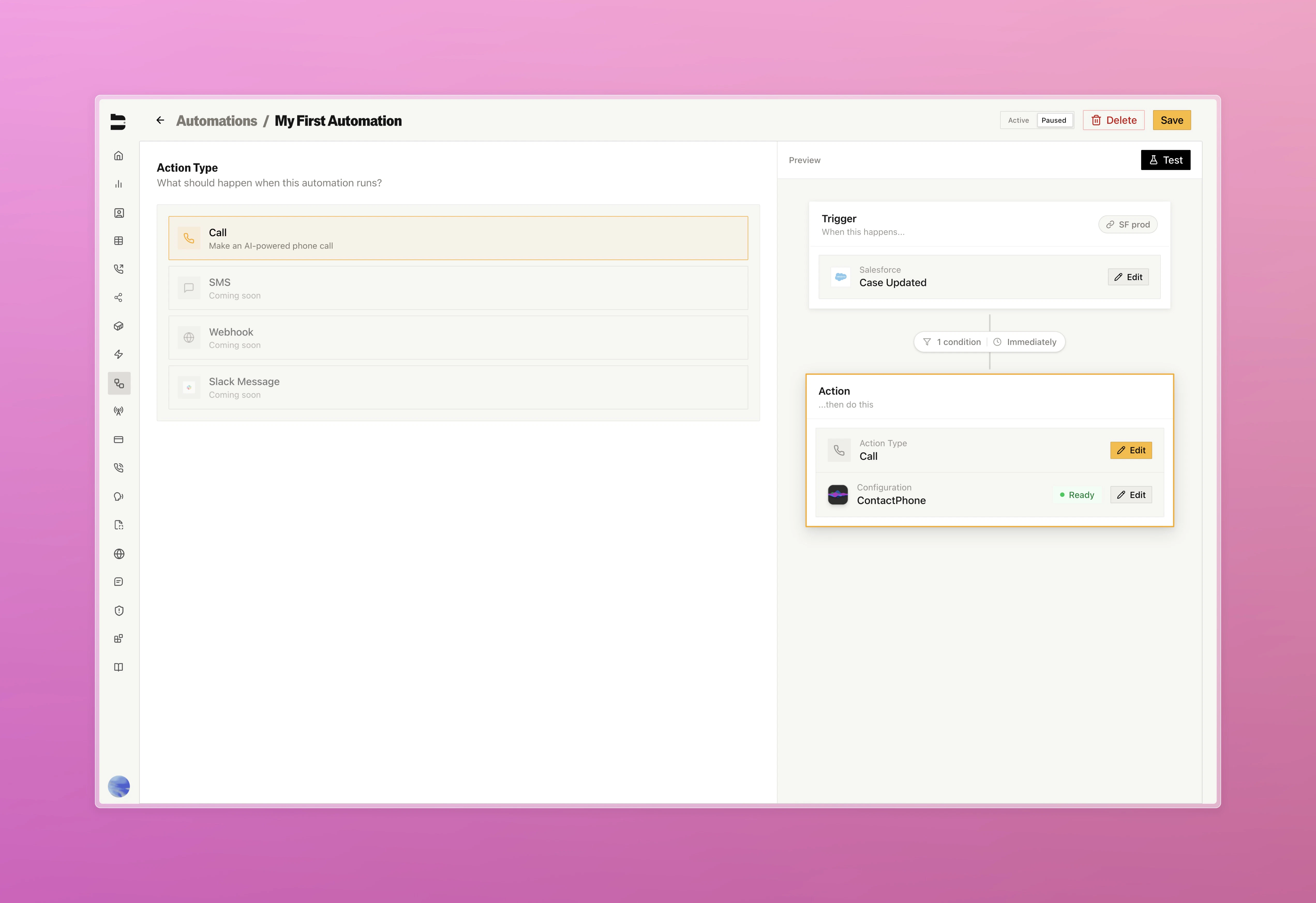 Action selection panel for configuring trigger responses