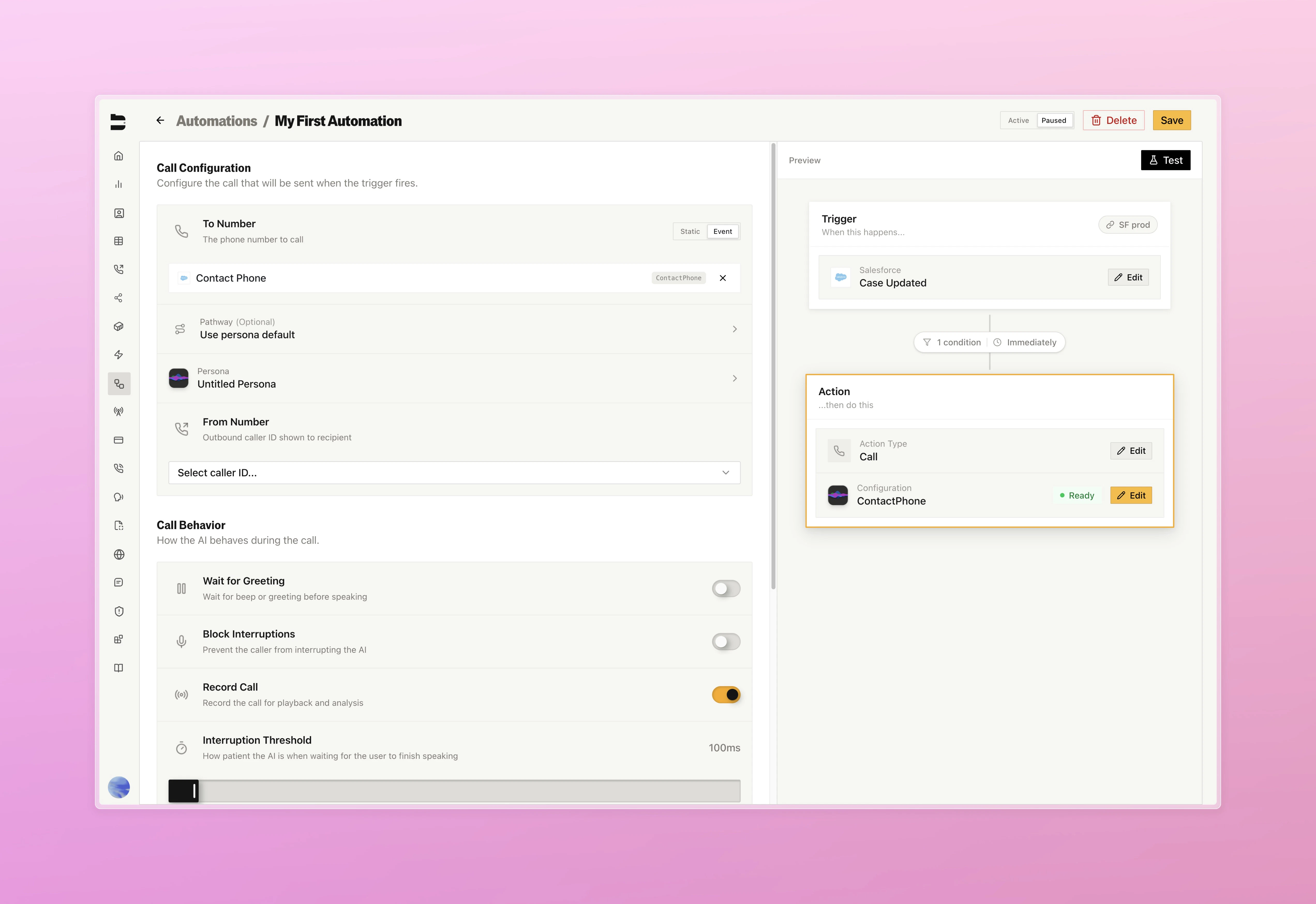Call configuration panel with persona and pathway settings