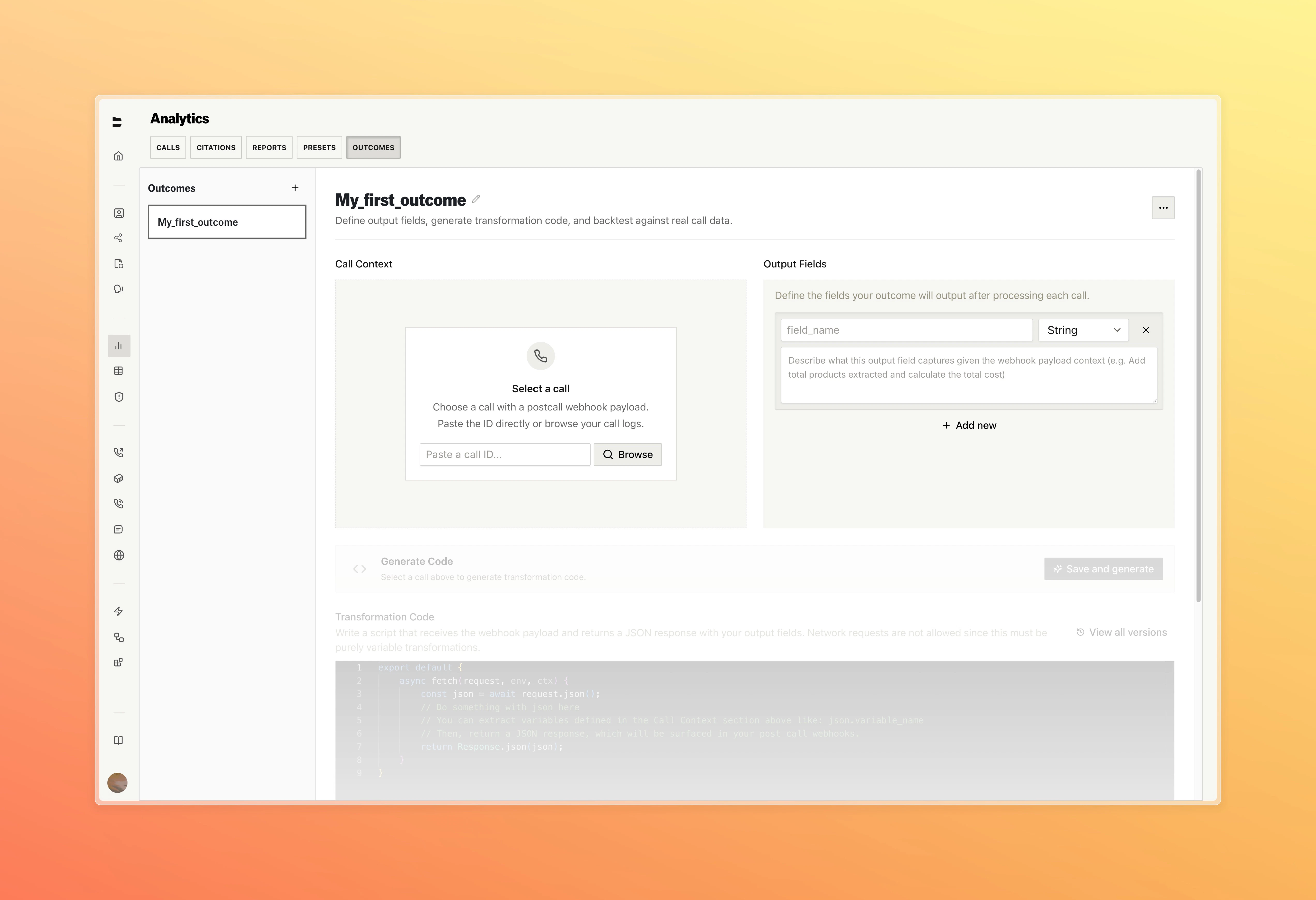 Outcomes editor showing output field definitions and generated transformation script