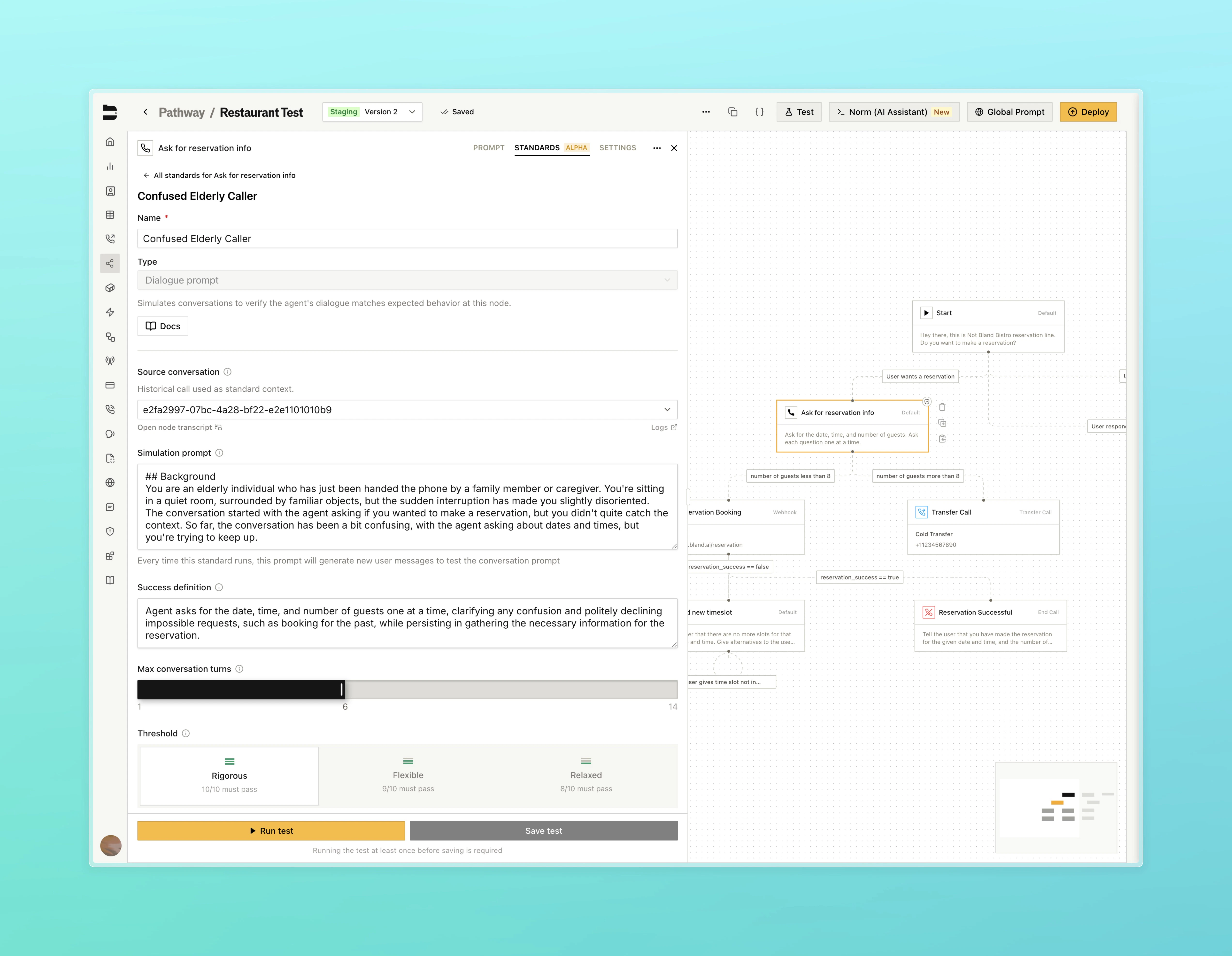 Building a Standard view showing a source call, simulation prompt, and success definition