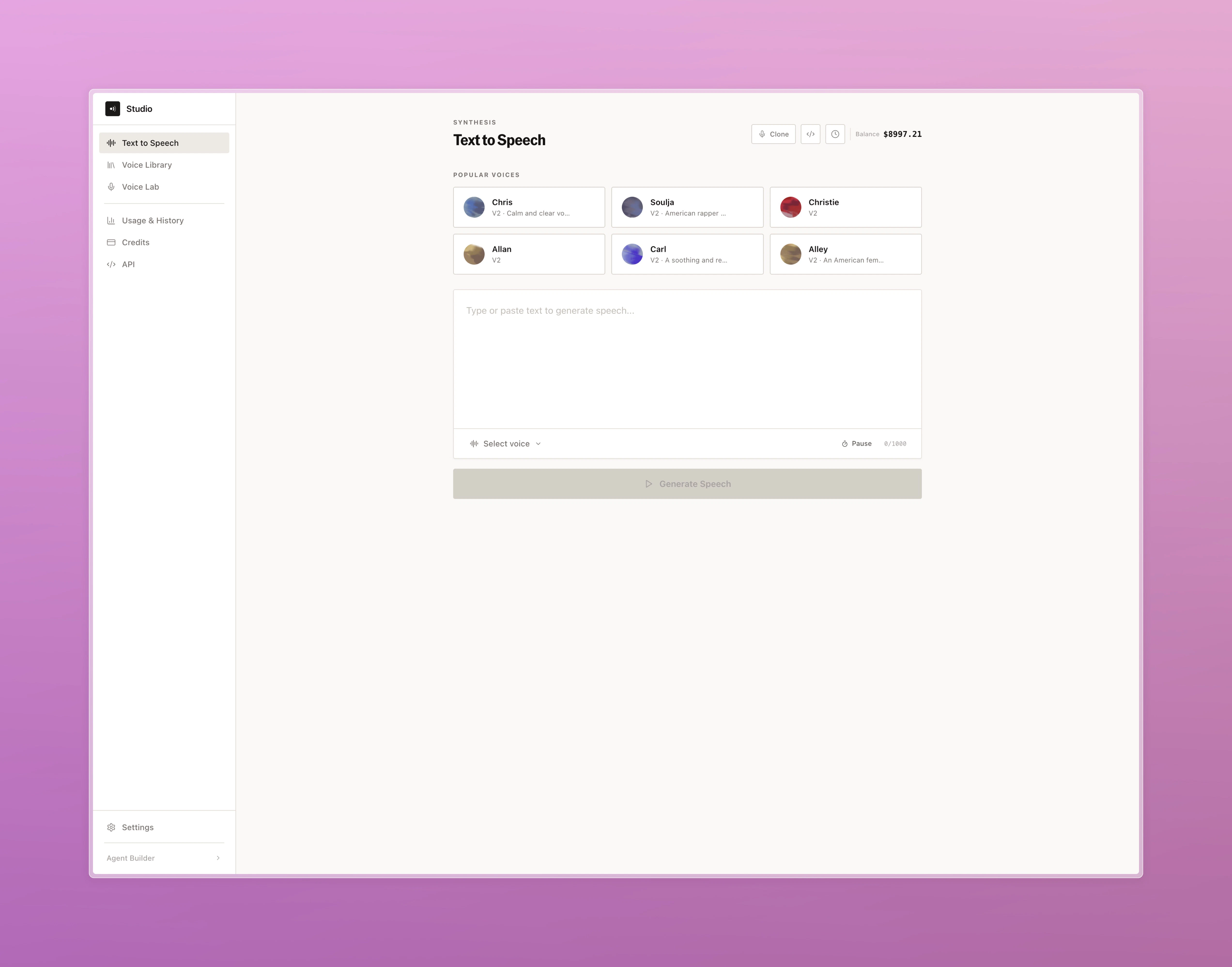 Text to Speech synthesis page with popular voices grid, text input, and Generate Speech button