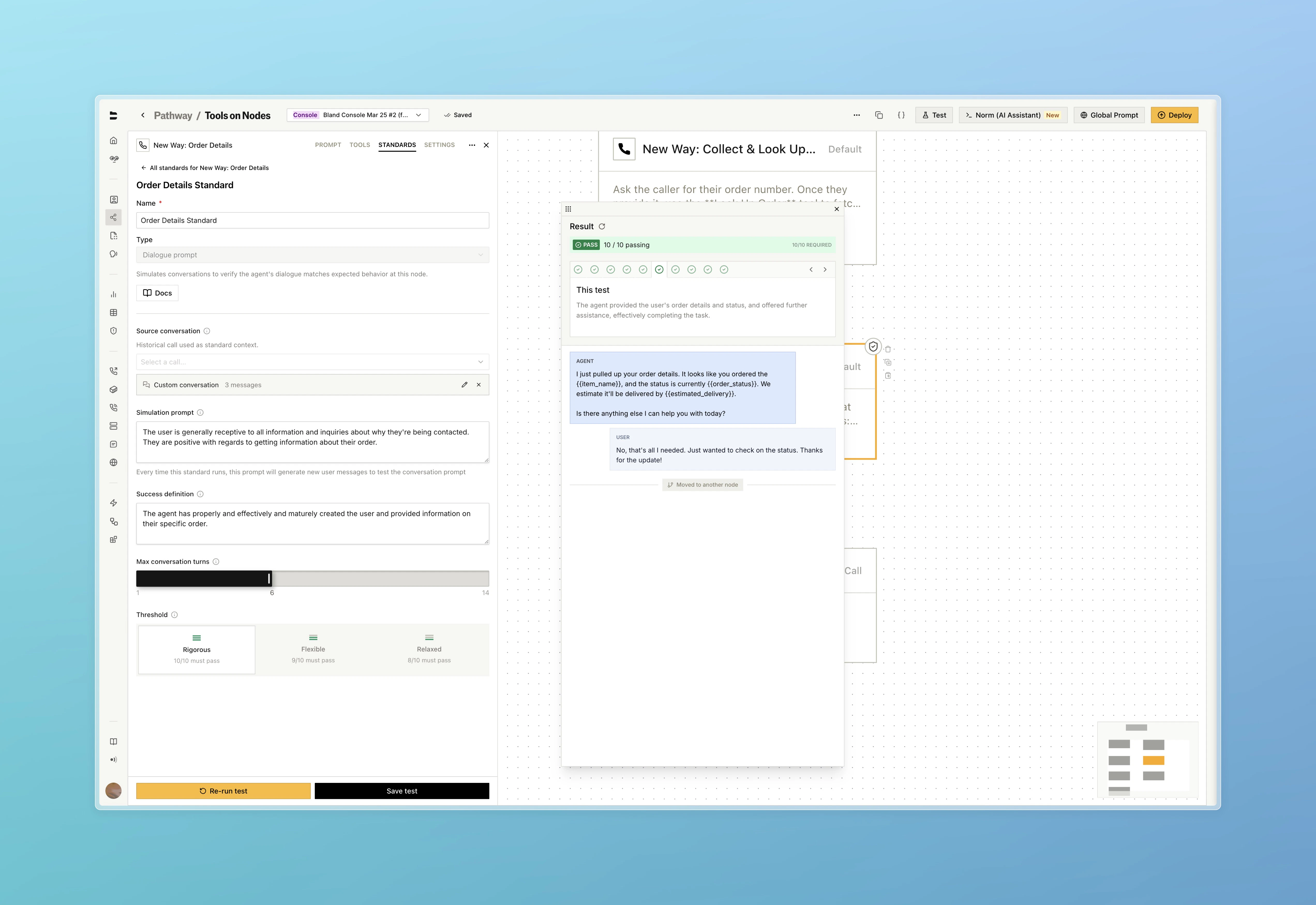 Standards panel with custom conversation set and simulation running