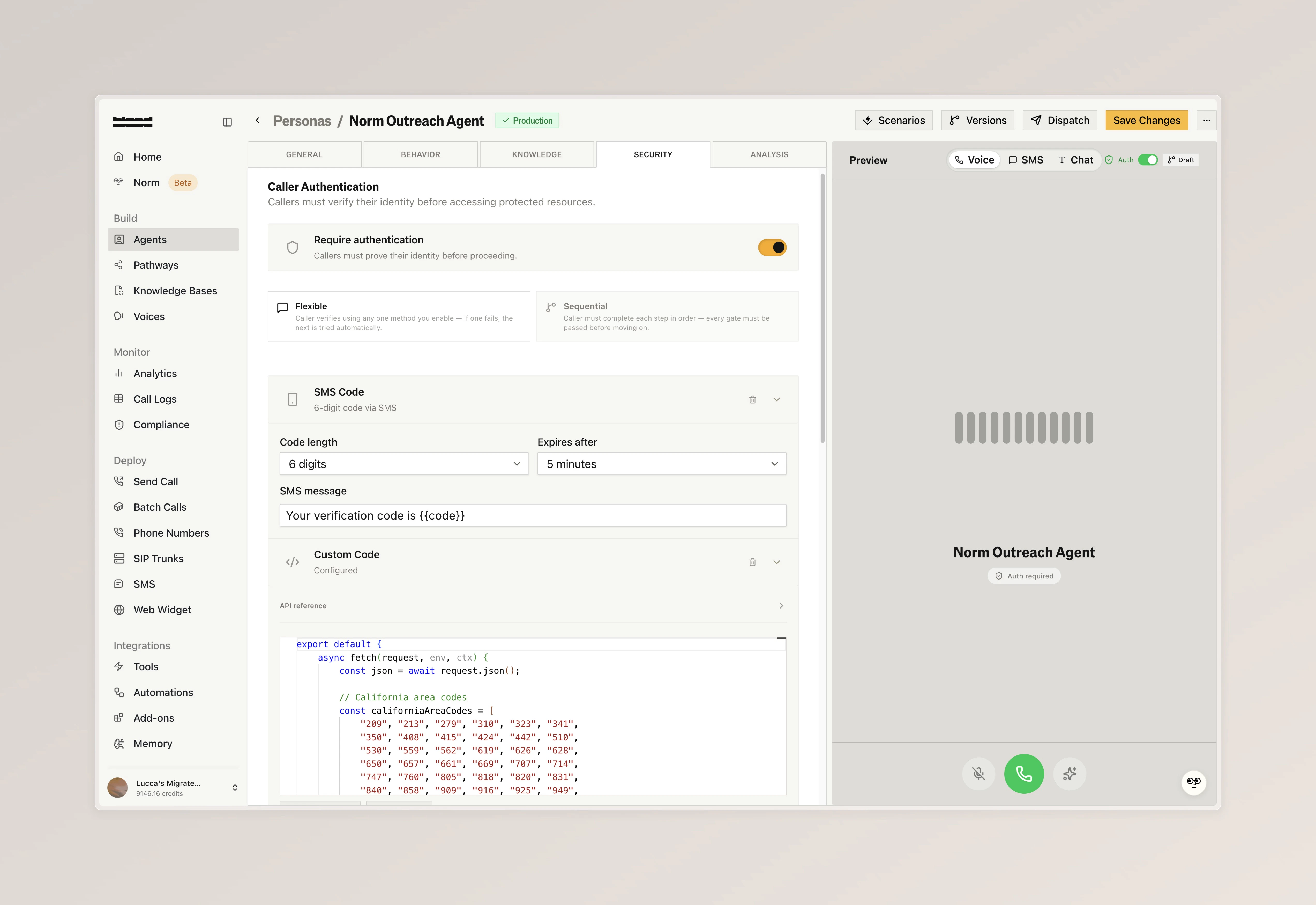 SMS code configuration with code length, expiry, and custom message alongside a custom code editor