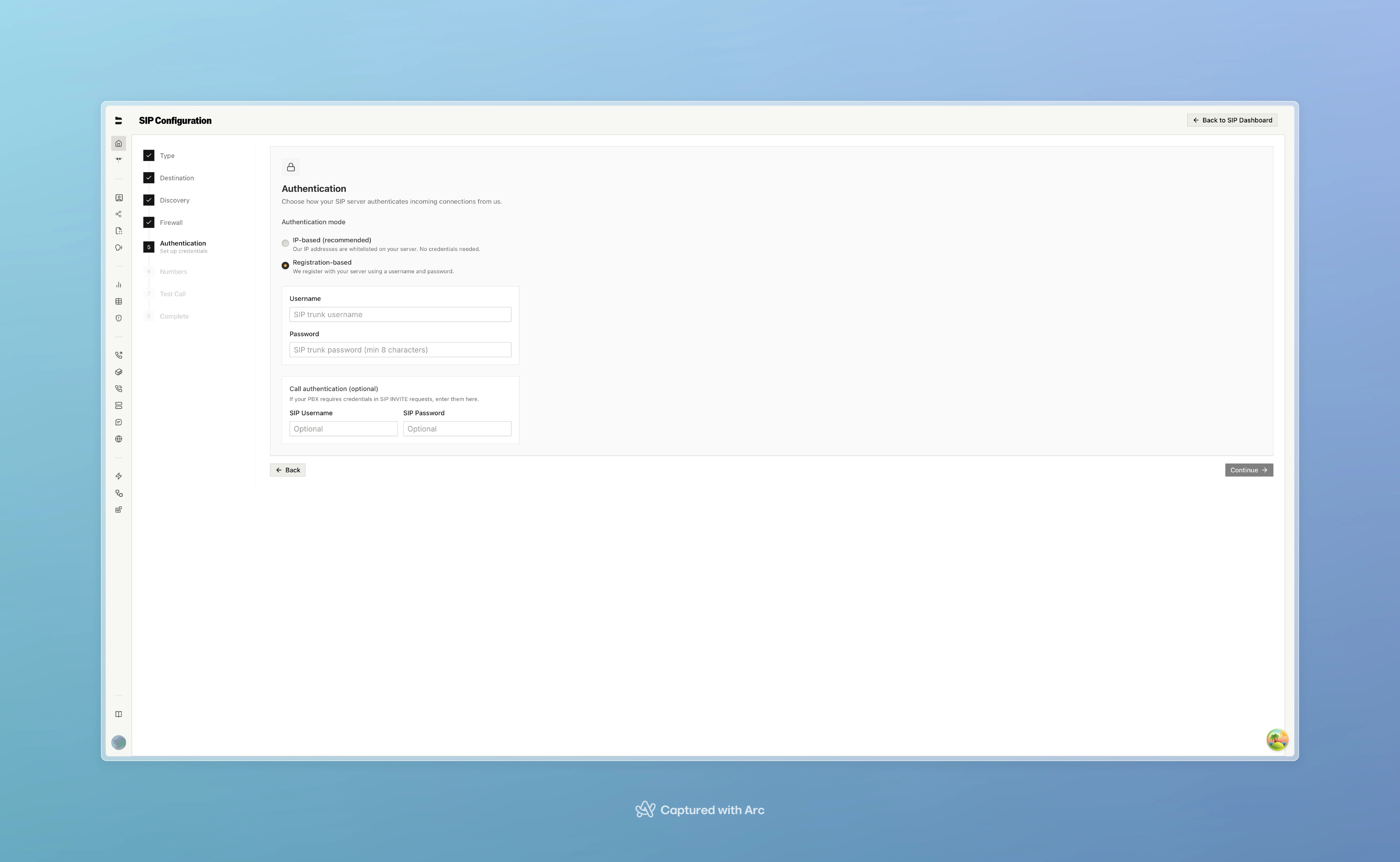 SIP Wizard authentication step showing IP-based and registration-based auth options