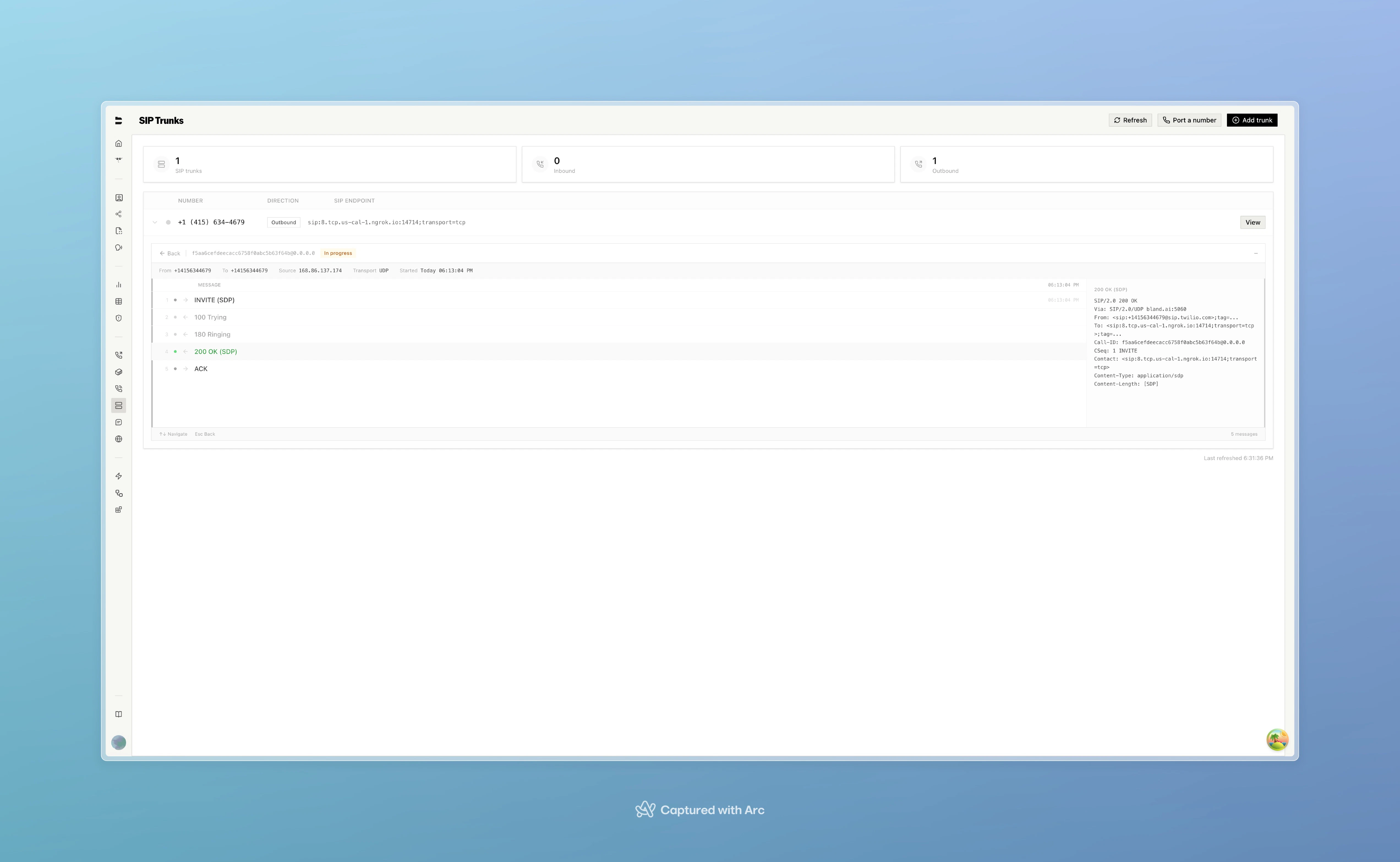SIP Dashboard showing trunk overview, call logs, and SIP trace viewer
