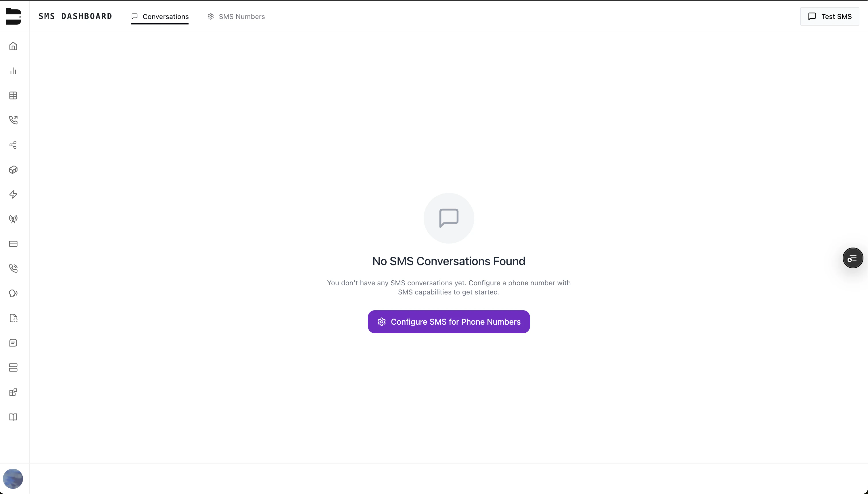Messaging dashboard with Configure SMS for Phone Numbers