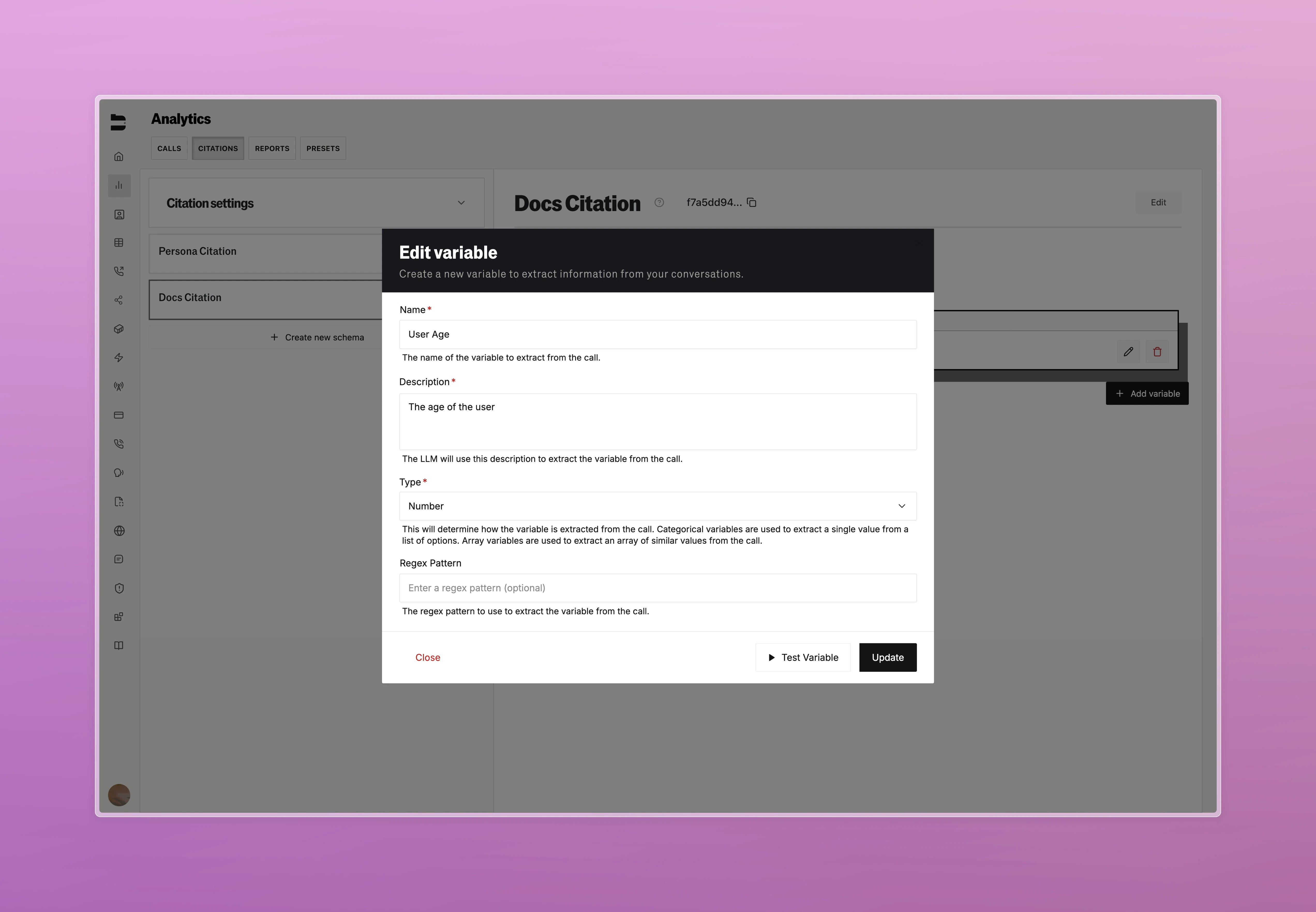 Citation testing setup interface