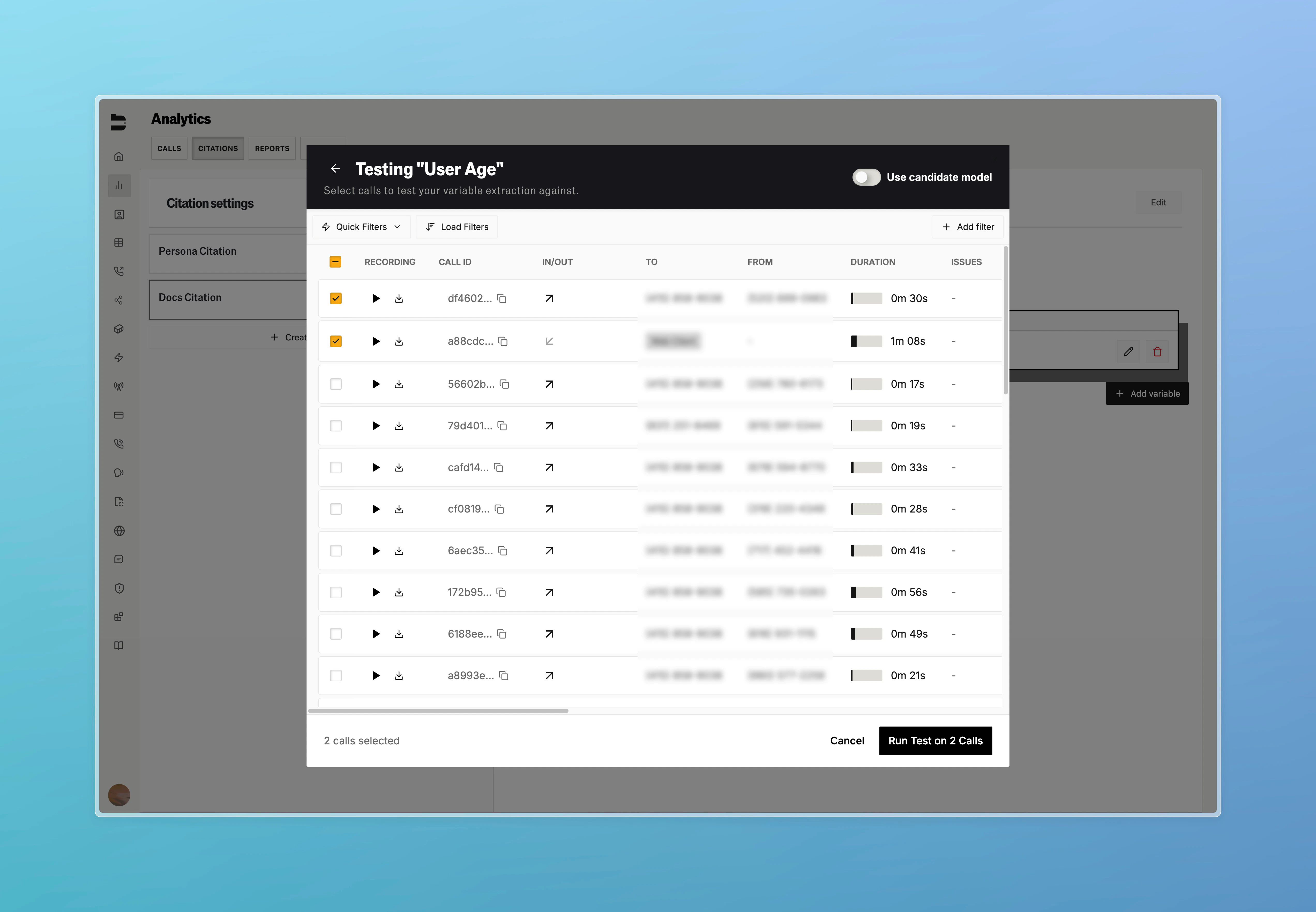 Citation variable testing interface