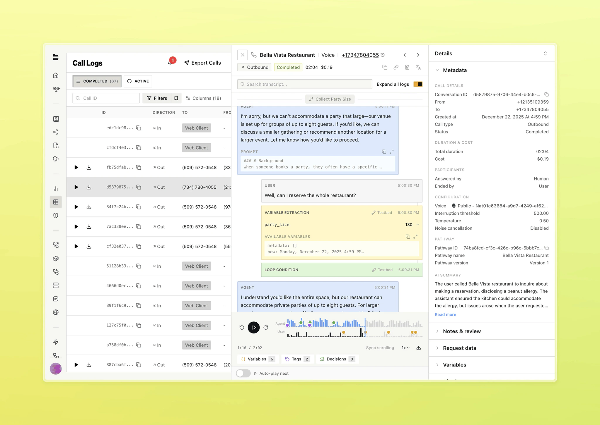 Call detail view showing transcript with expanded logs, variable extraction, loop condition, audio player, and the context panel with metadata