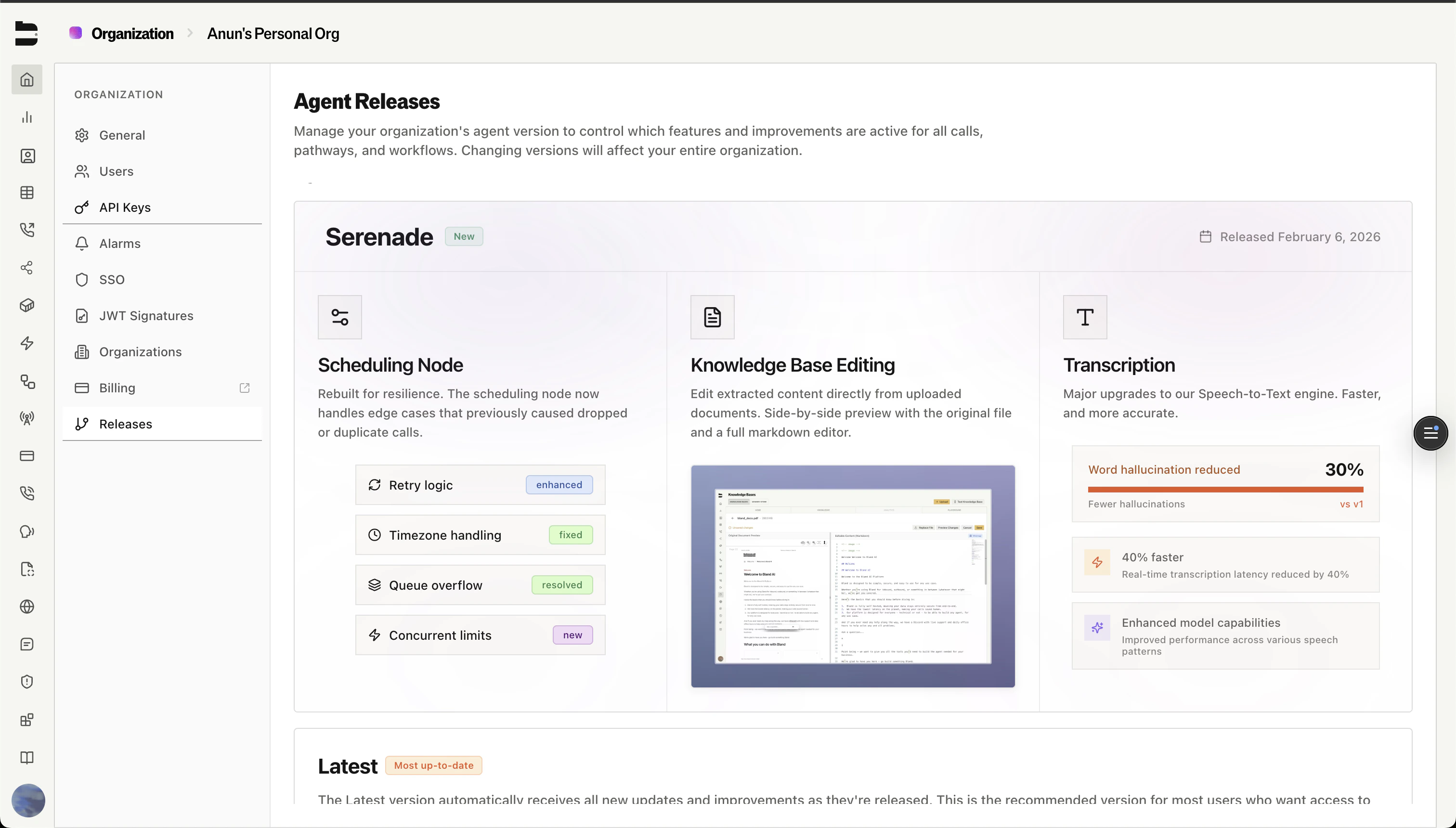 Agent Releases page showing the Serenade release with feature improvements