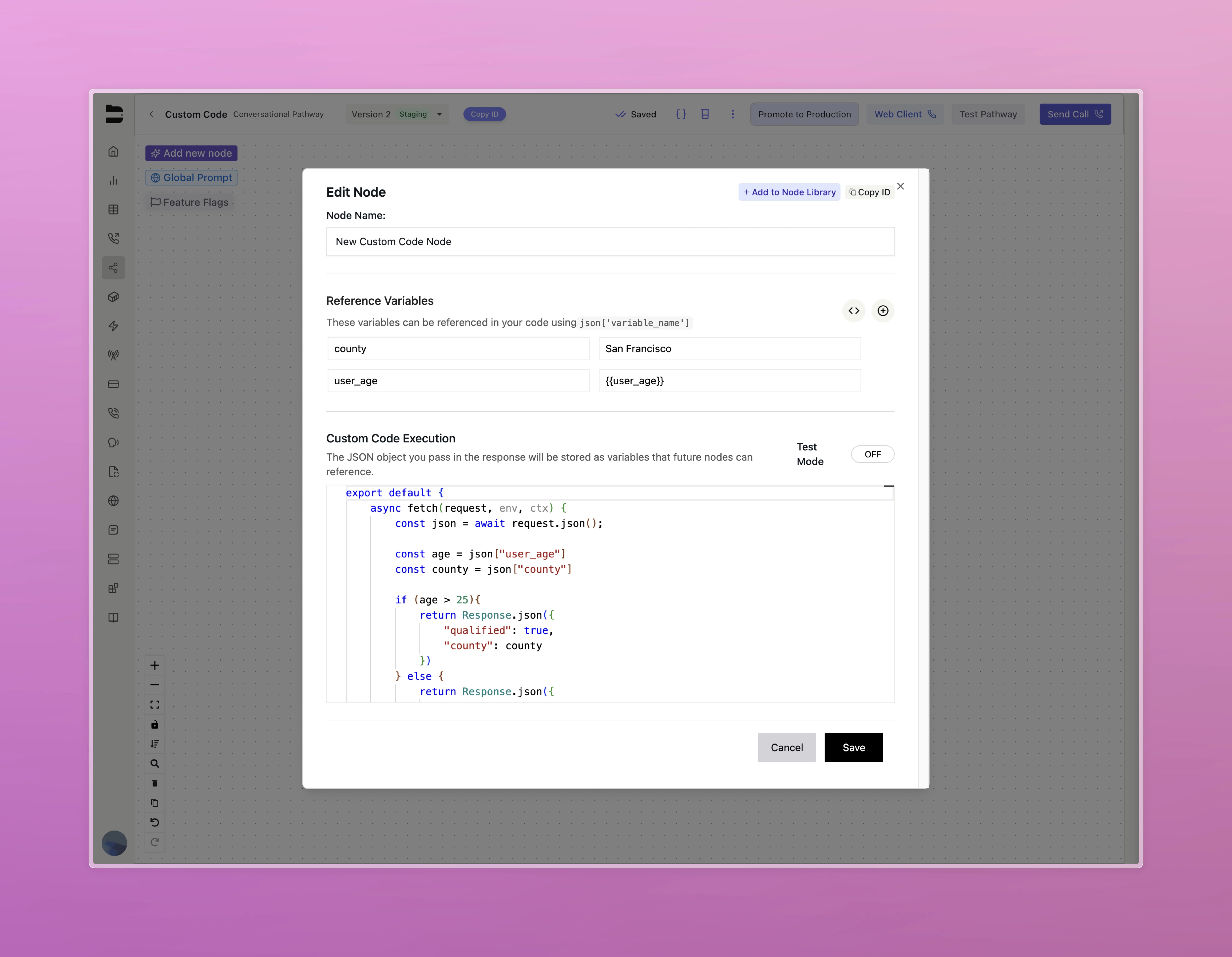 Custom Code Node Variables