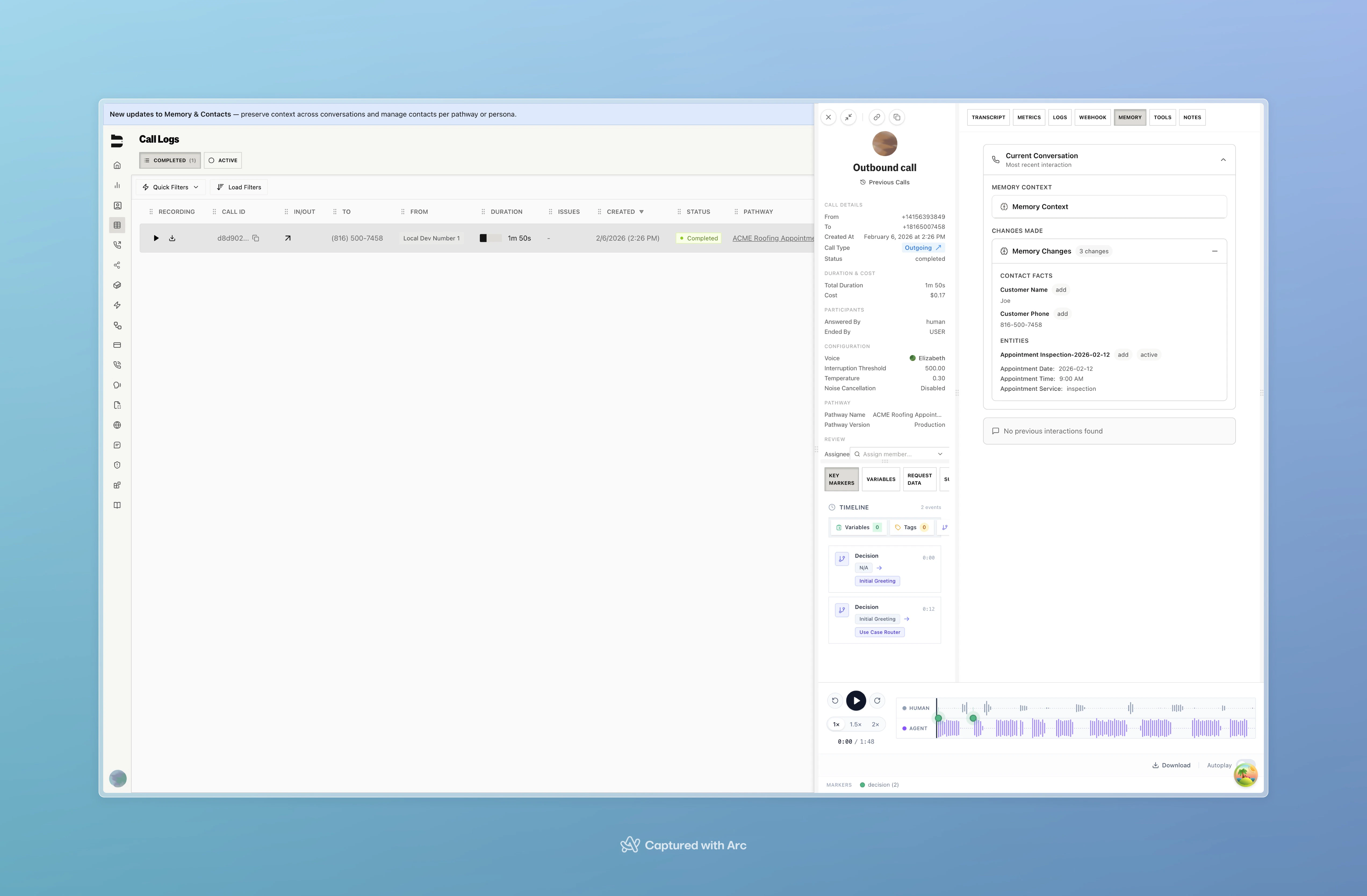 Call log MEMORY tab showing contact facts and appointment entities for a completed call