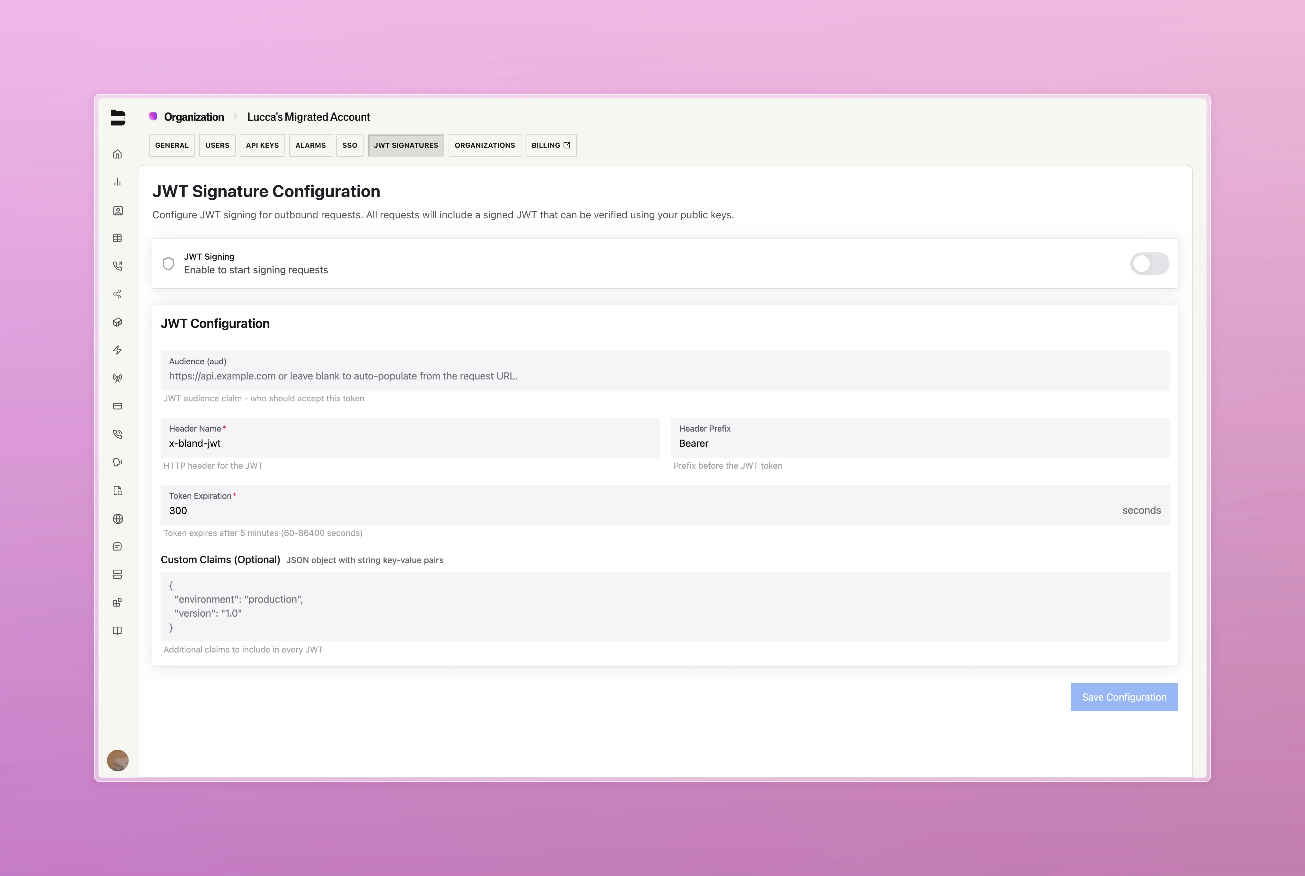 JWT Signature Configuration Interface