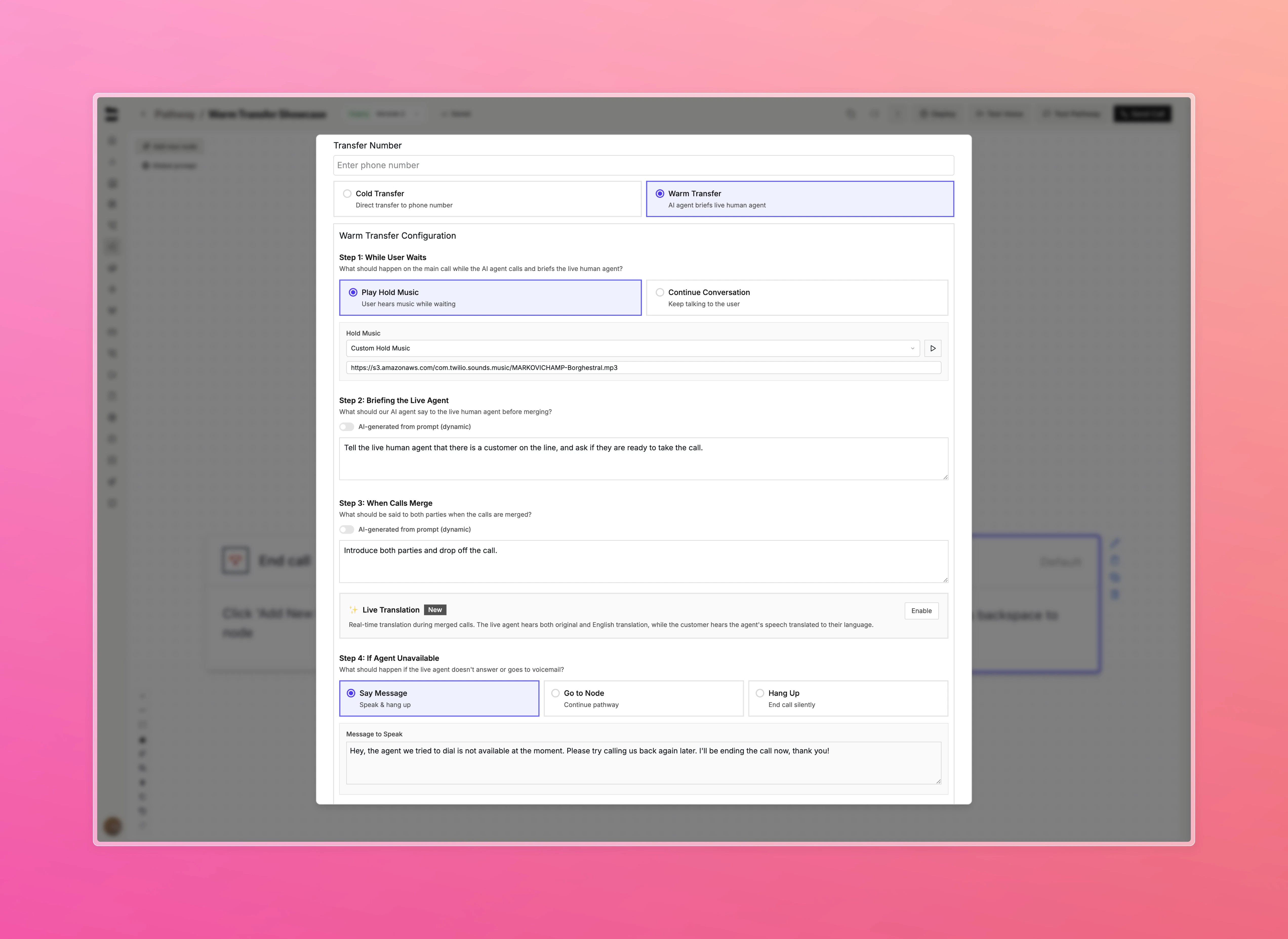 Improved warm transfer node configuration UI