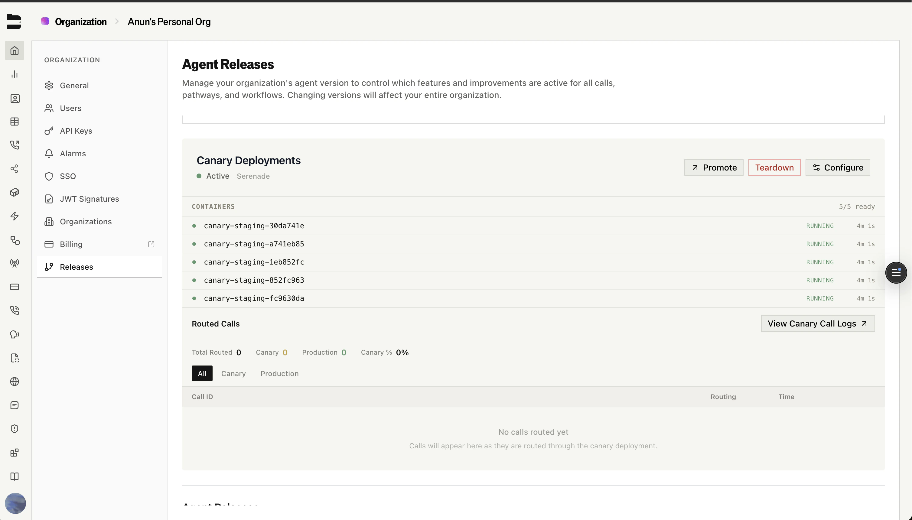 Canary Deployments panel showing active canary with running containers