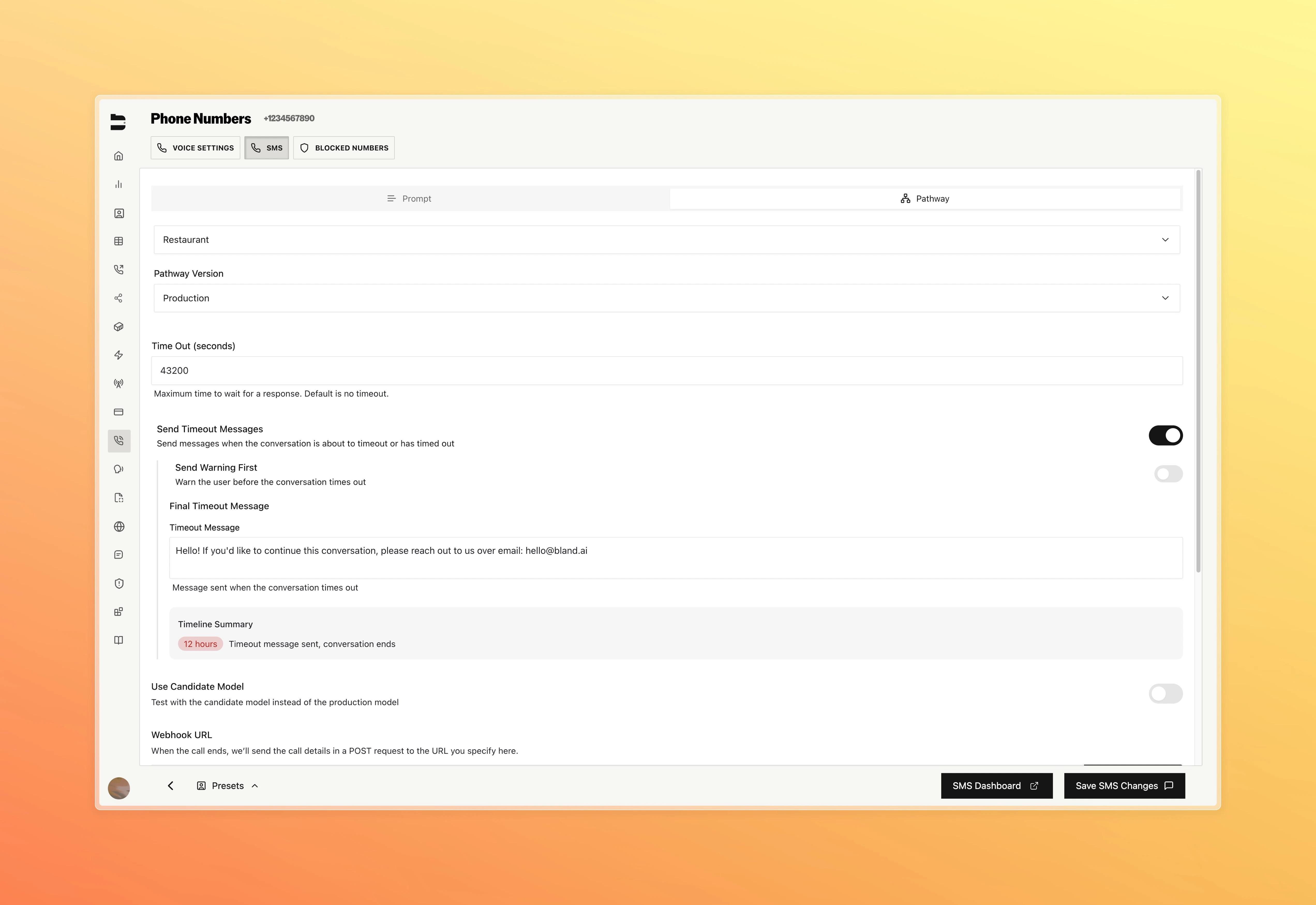 SMS timeout message configuration interface