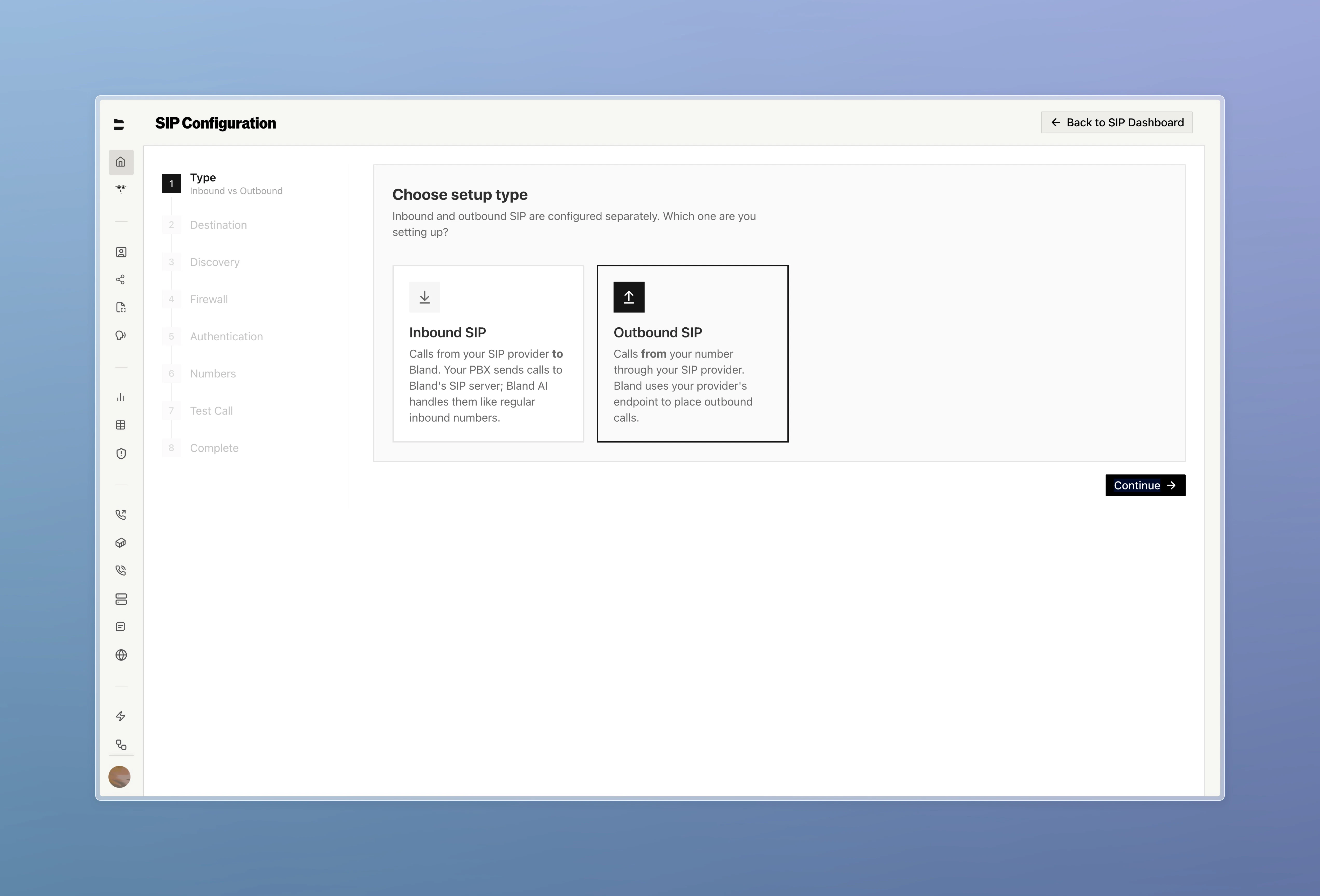SIP Configuration wizard step 1 — choose between Inbound and Outbound SIP