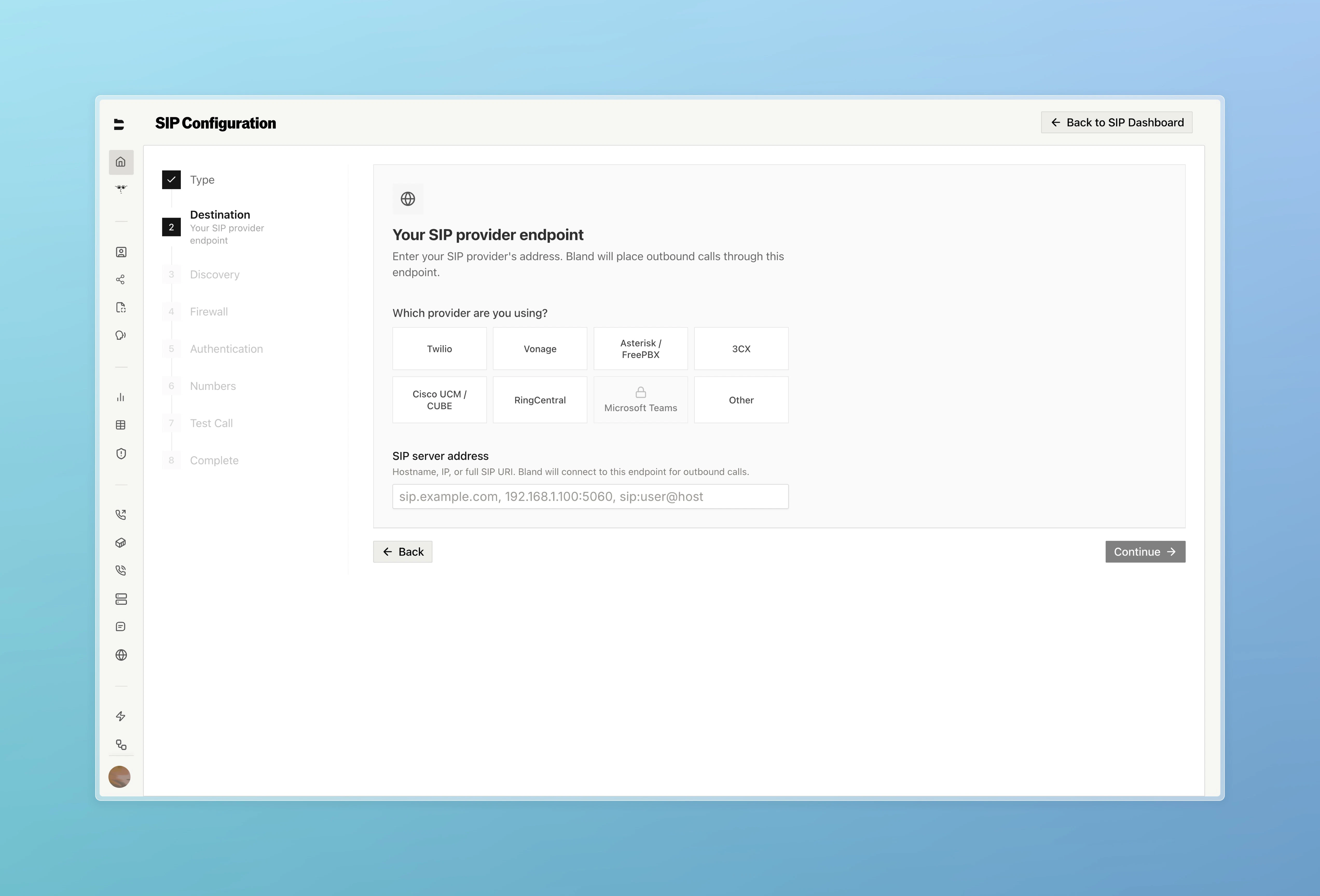SIP Configuration wizard step 2 — select your provider and enter SIP server address