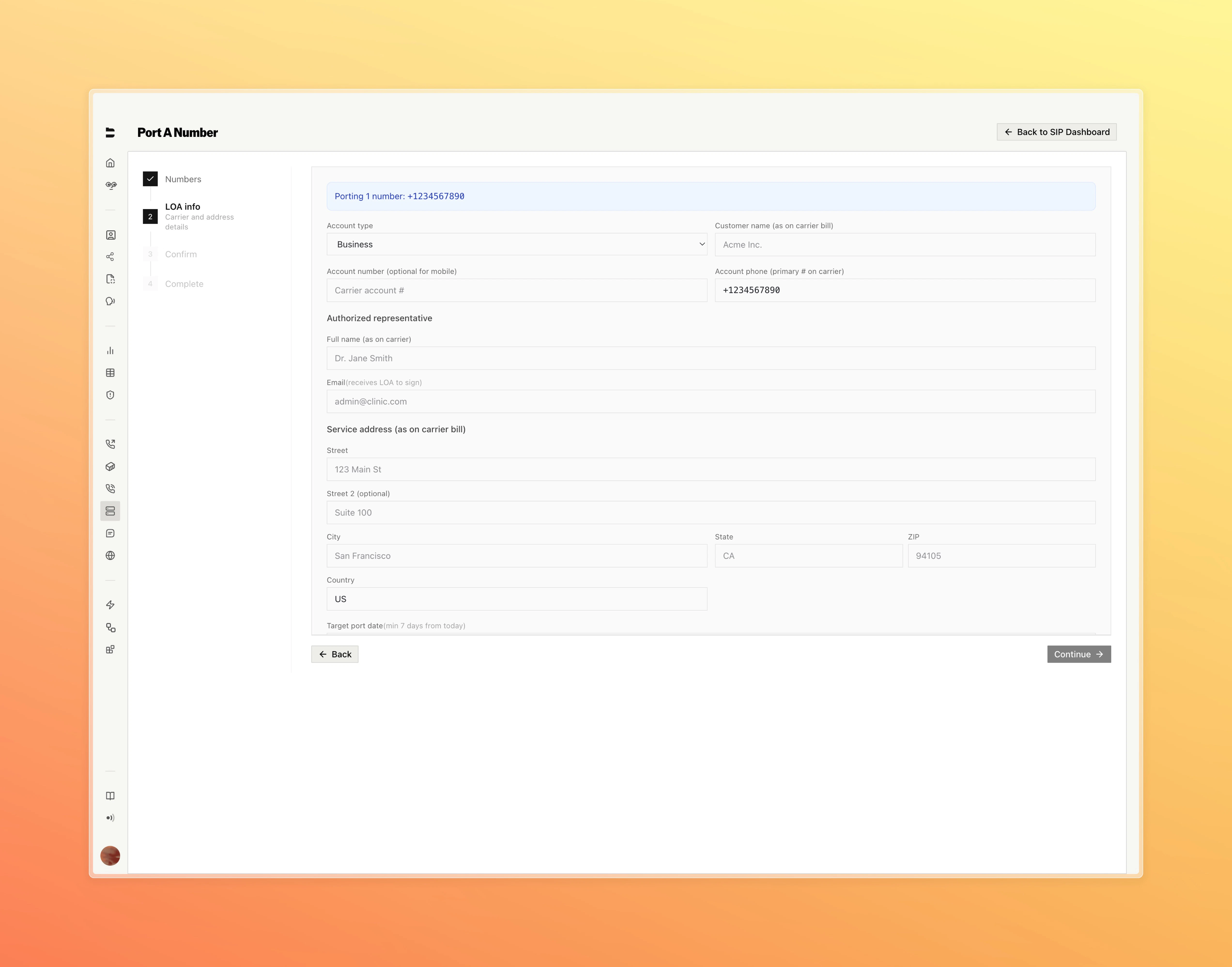 Port A Number wizard showing LOA info form with carrier and address details