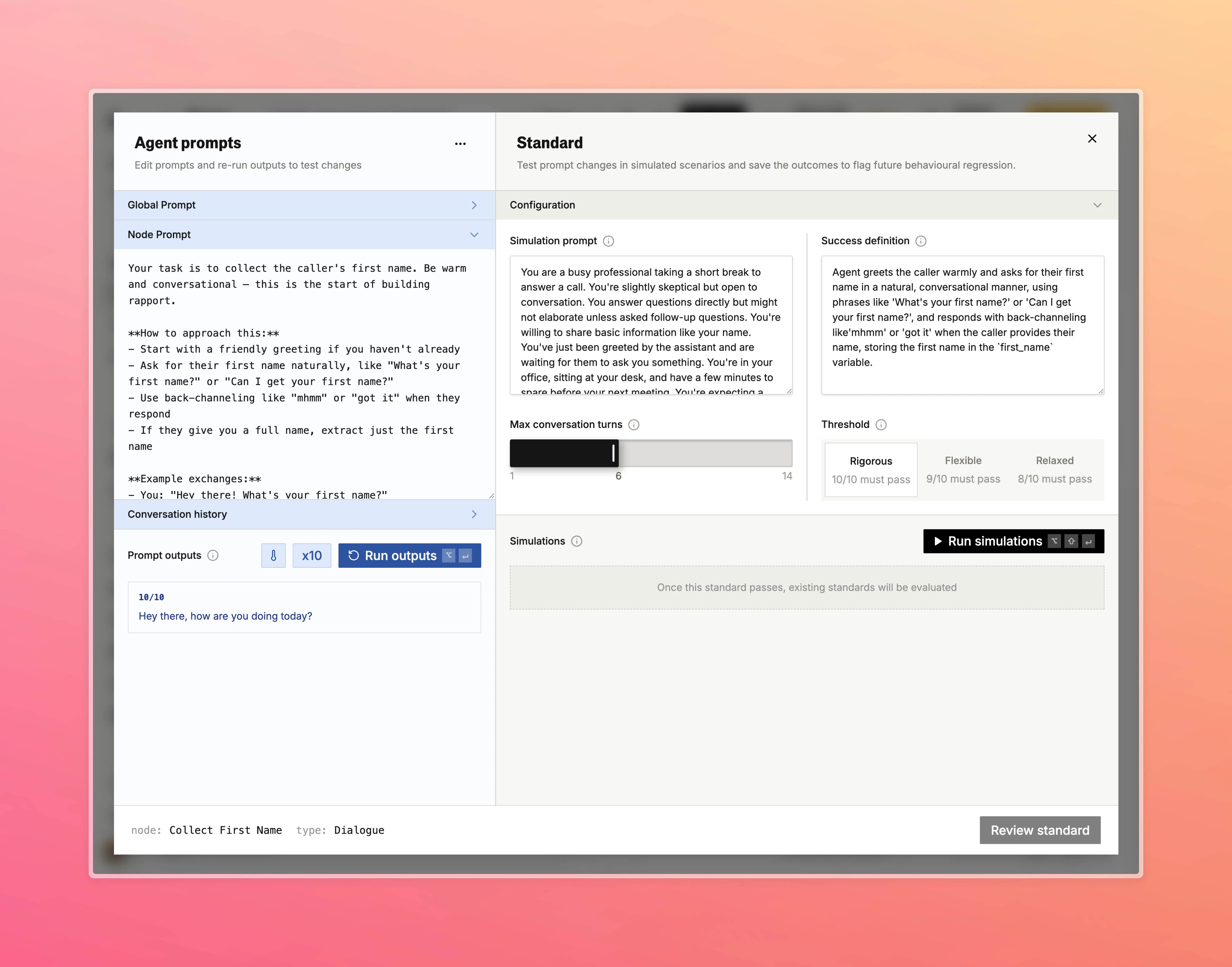 Testbed showing node prompt on the left and standard configuration on the right