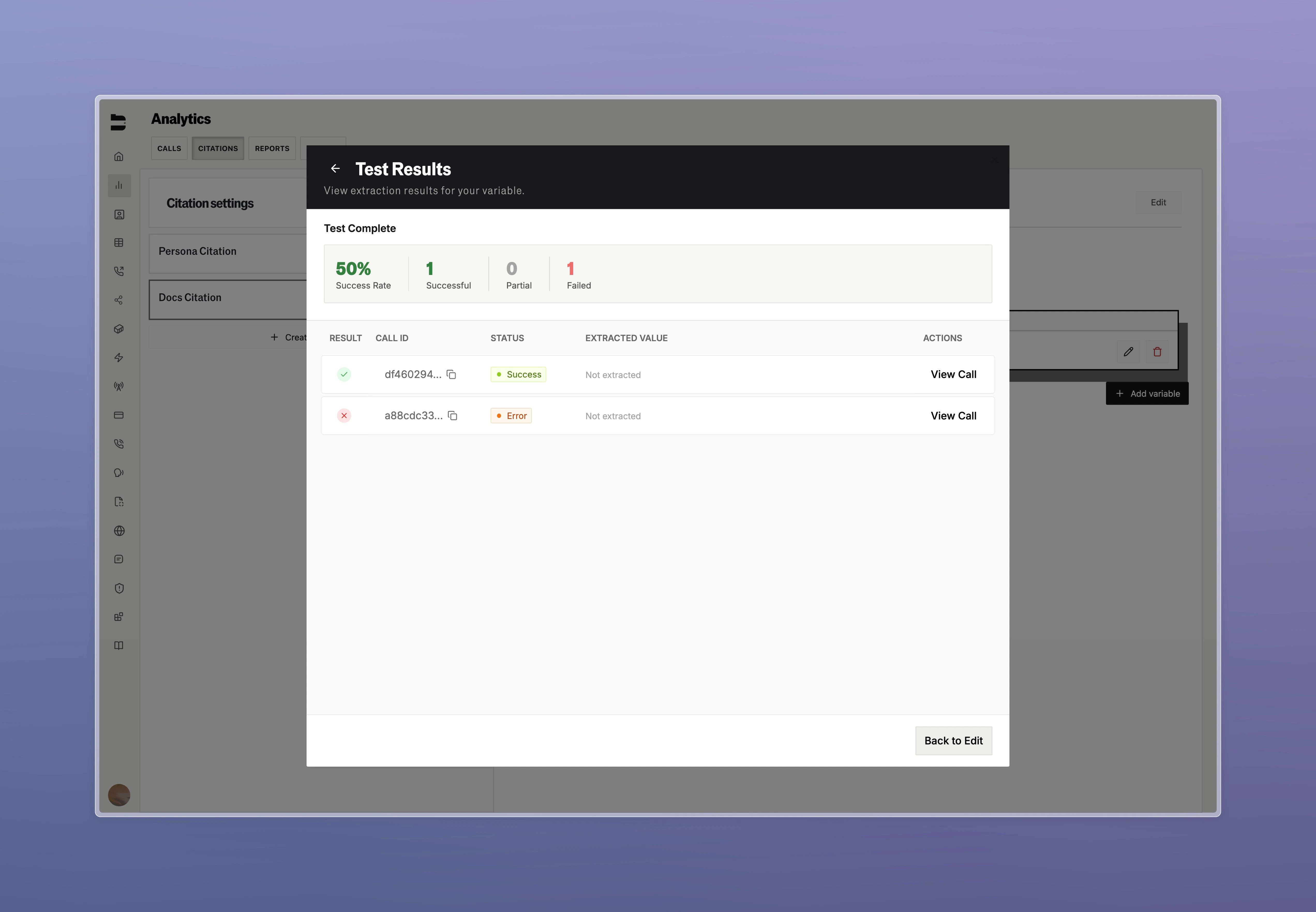Citation testing results display