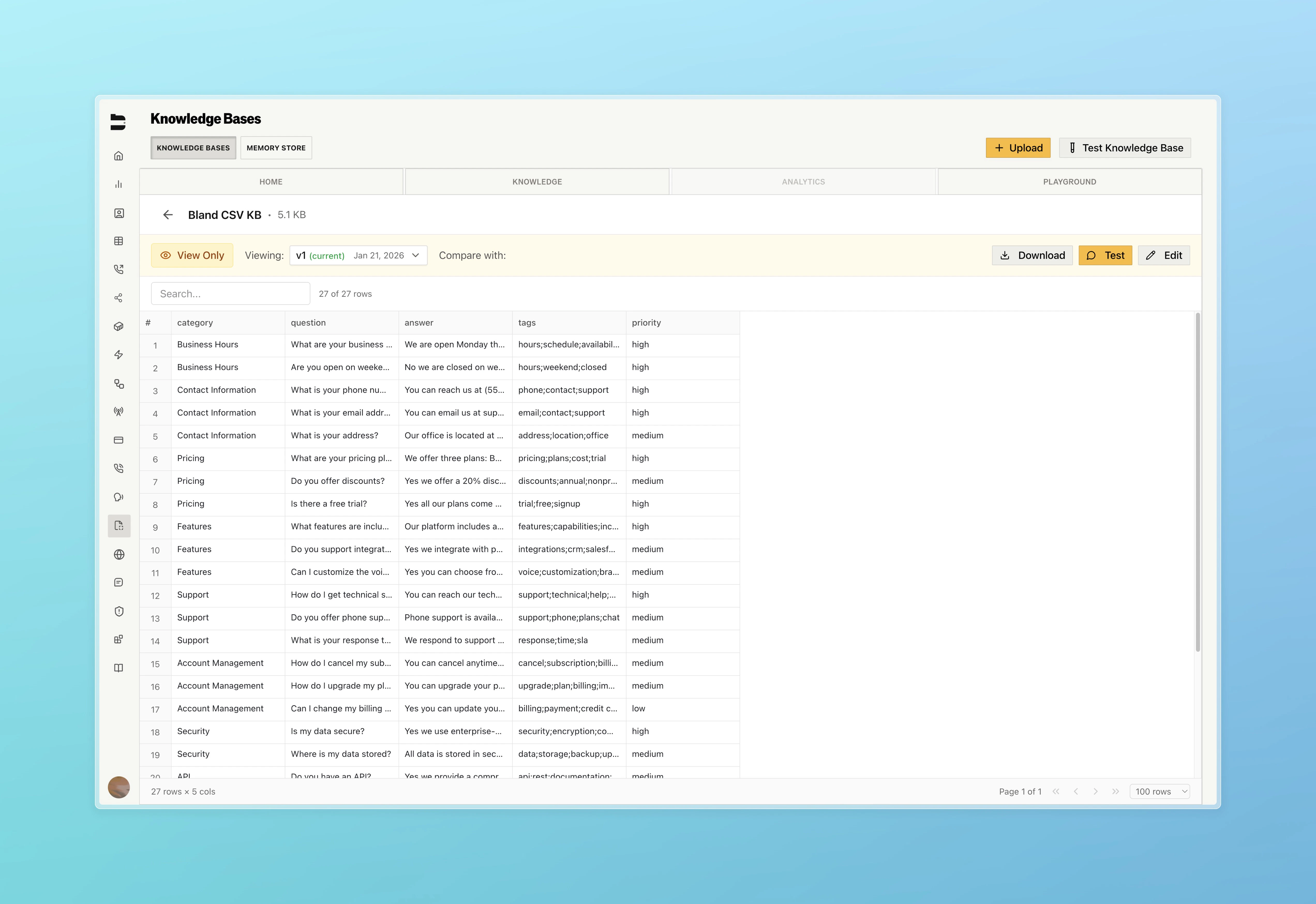 CSV knowledge base viewing page