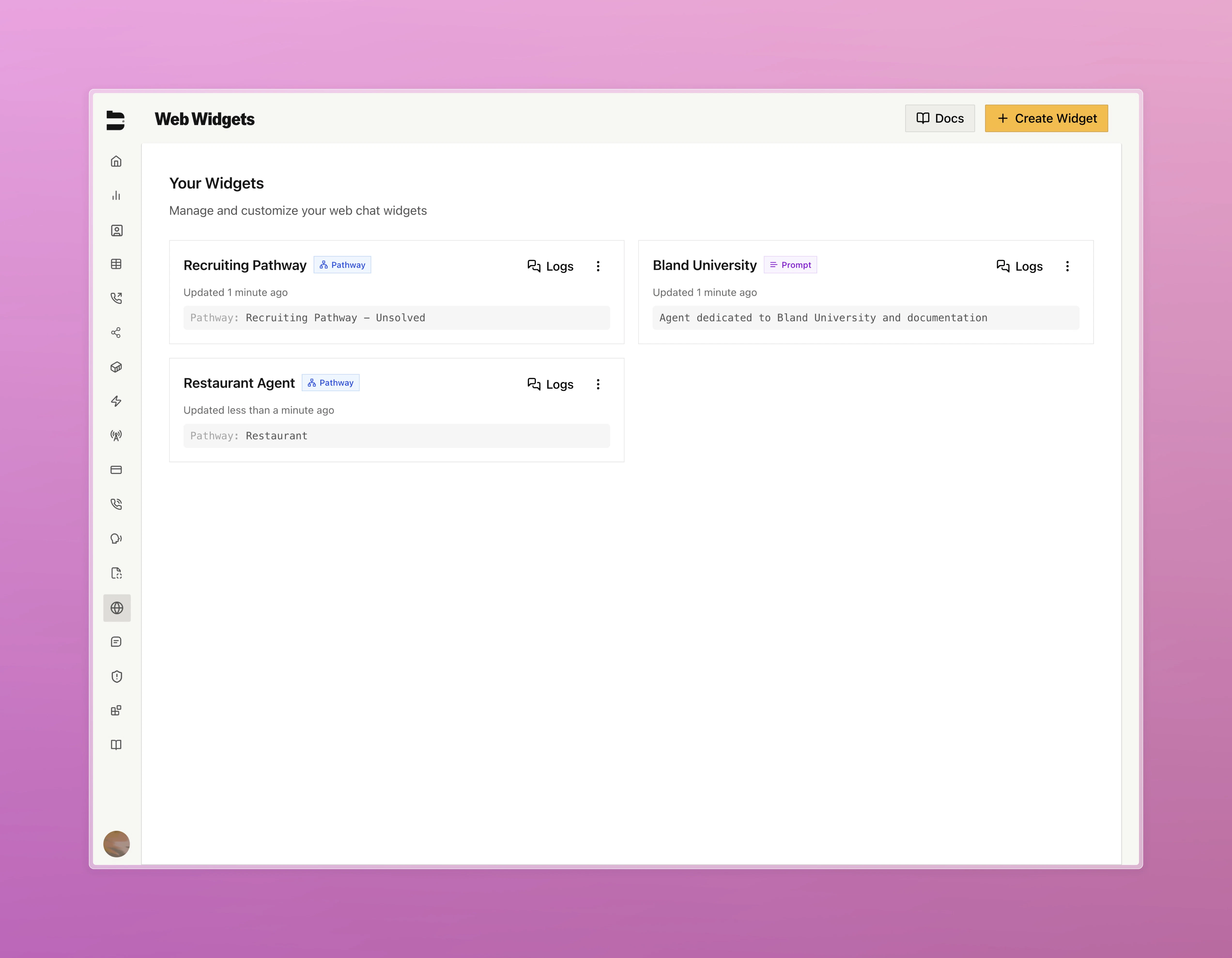 Web widget gallery showing widget management interface with renaming and deletion options