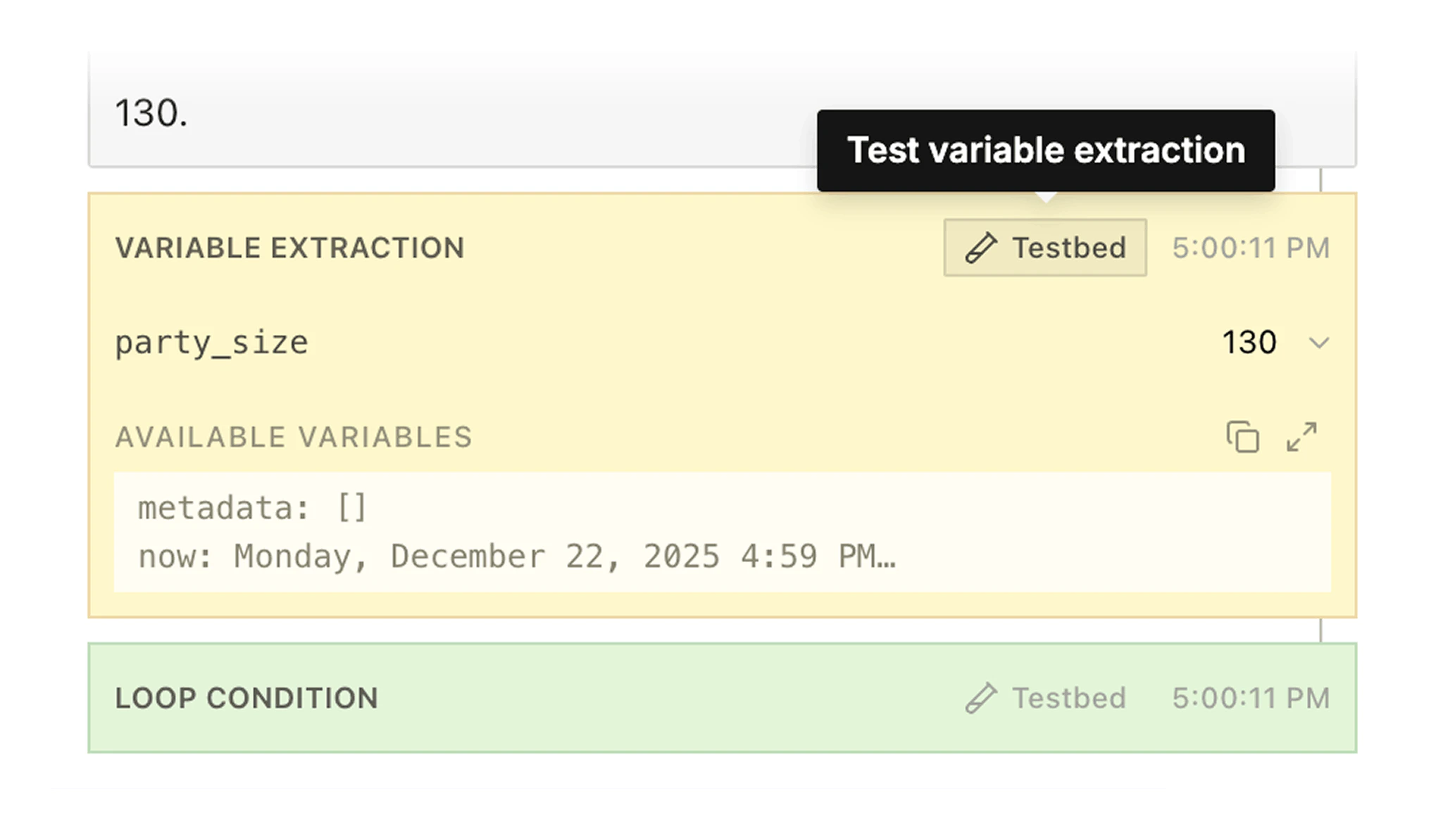 Testbed button on variable extraction and loop condition entries in expanded logs