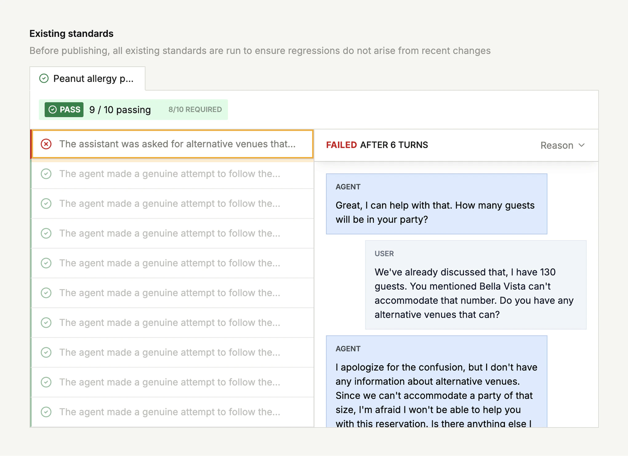 Existing standards running before publishing, showing pass/fail results for each standard with simulation transcripts