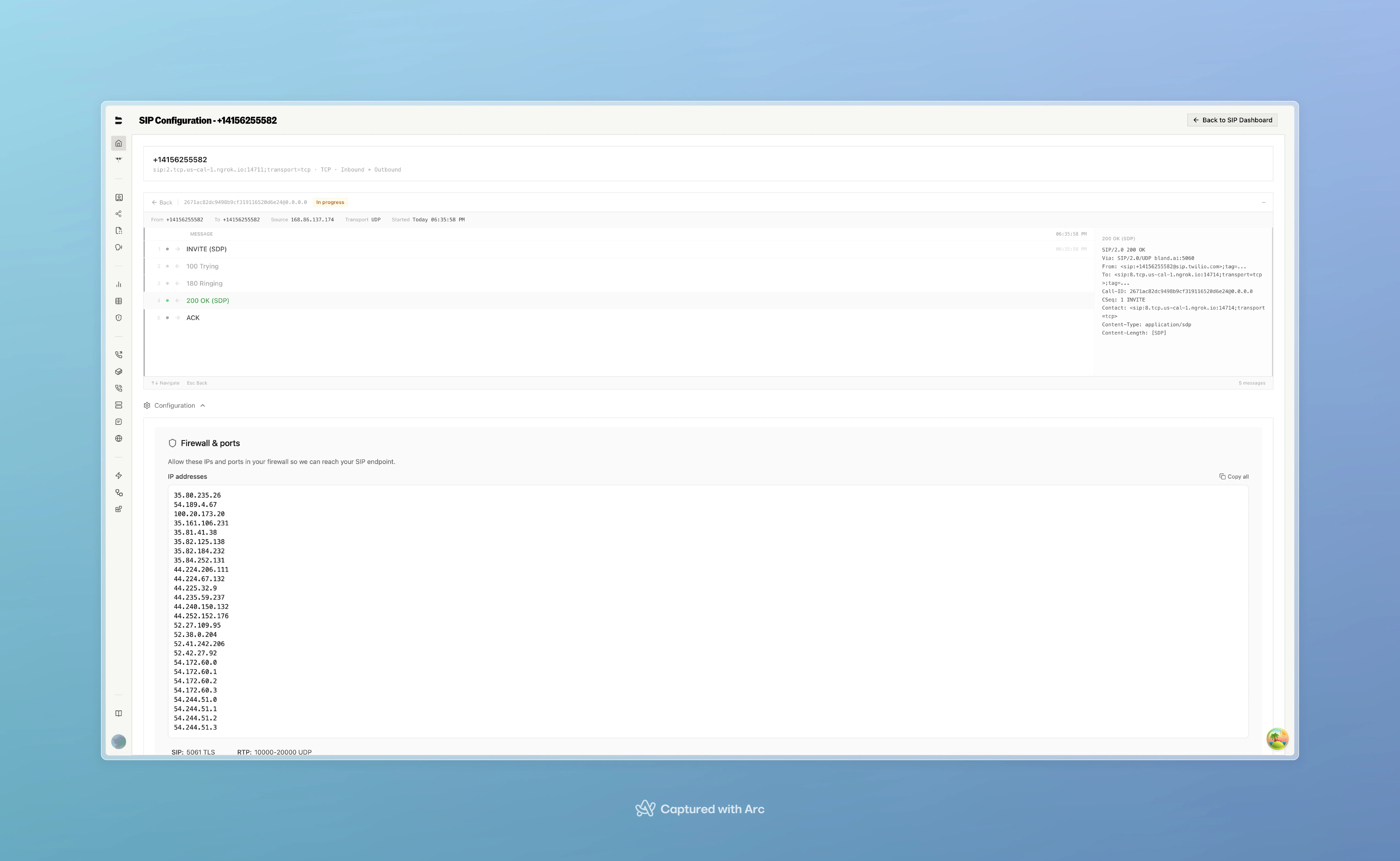 SIP Configuration details page showing call trace, firewall IPs, and port configuration