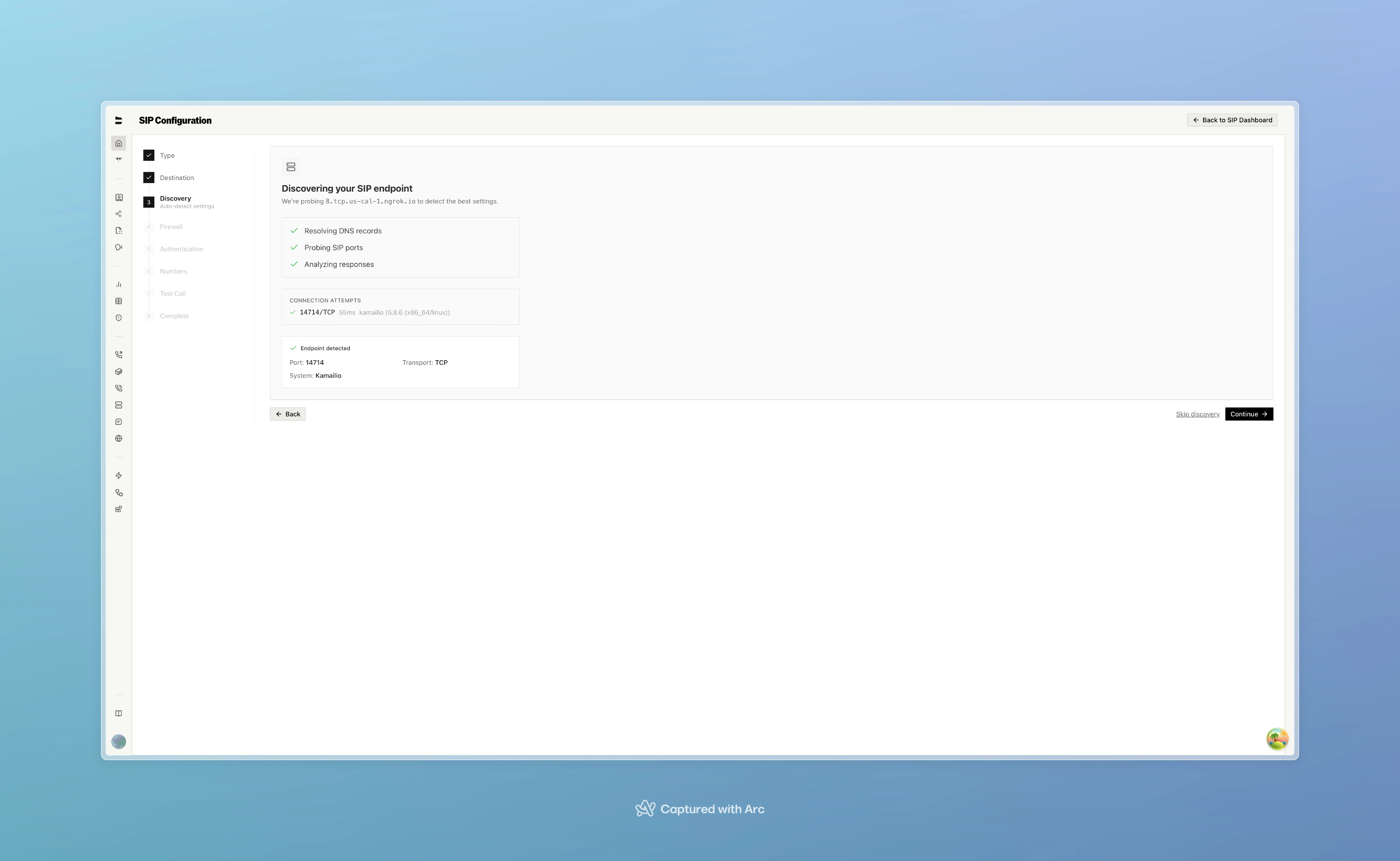 SIP Wizard auto-discovery step showing DNS resolution, port probing, and detected endpoint details