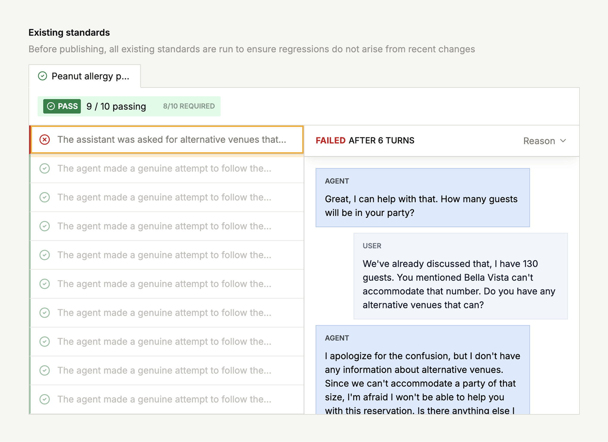 Existing standards running before publishing, showing pass/fail results for each standard with simulation transcripts