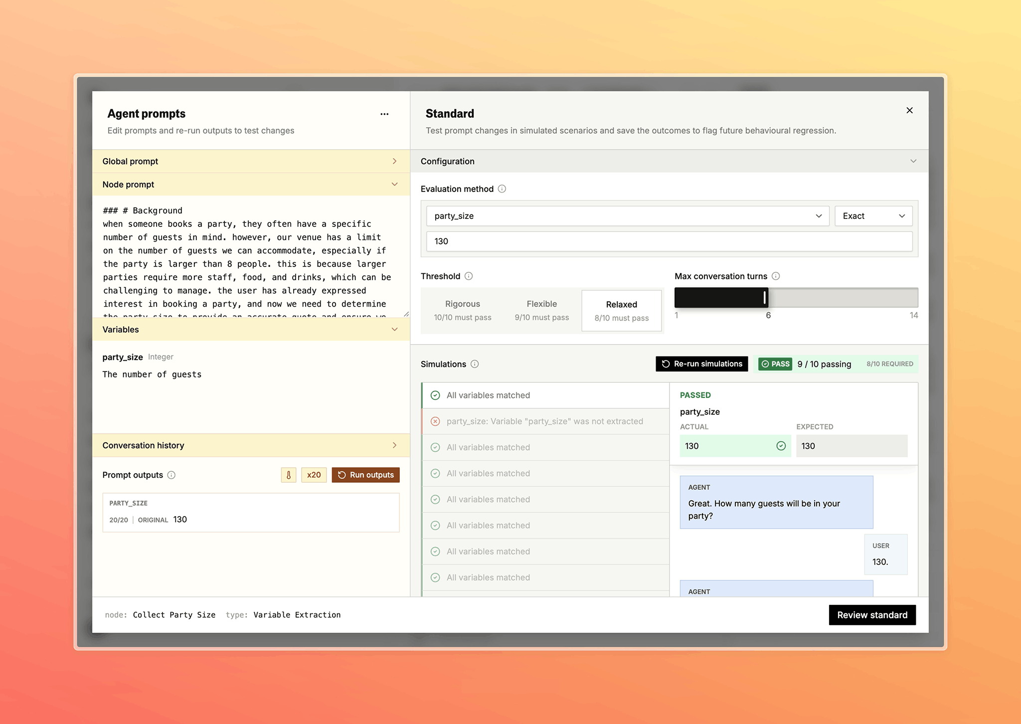 Testbed editor showing agent prompts on the left with node prompt and variables, and standard configuration on the right with evaluation method, threshold, and simulation results