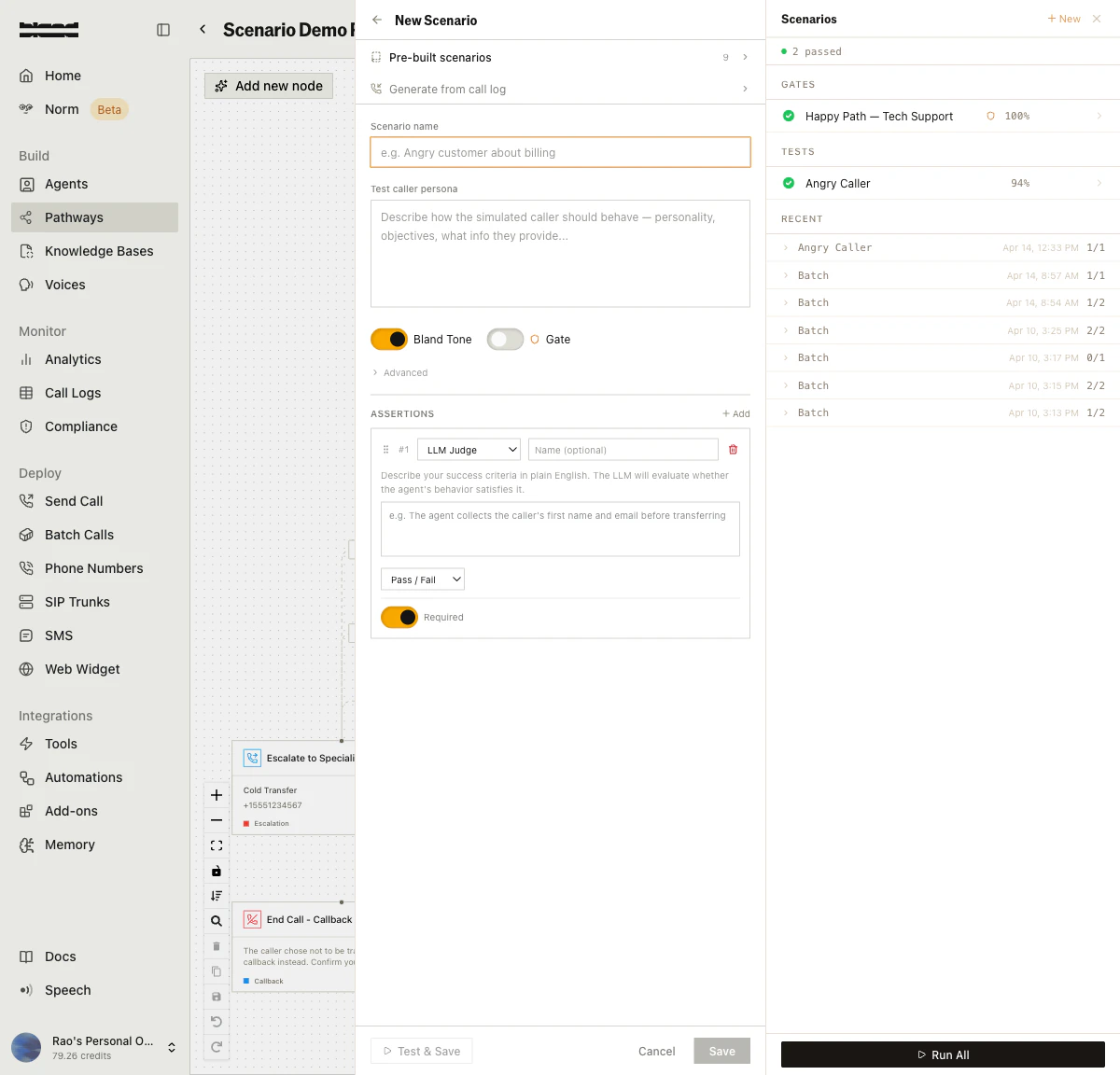 Full pathway editor view with the create scenario form open