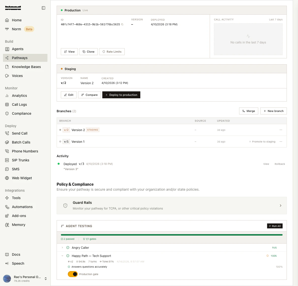Full pathway page showing test results with passed scenarios, scores, and gate status