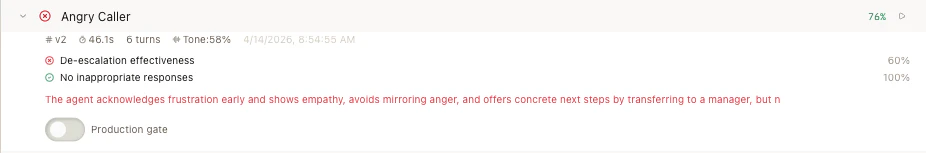 Expanded scenario showing assertion results, tone score, and production gate toggle
