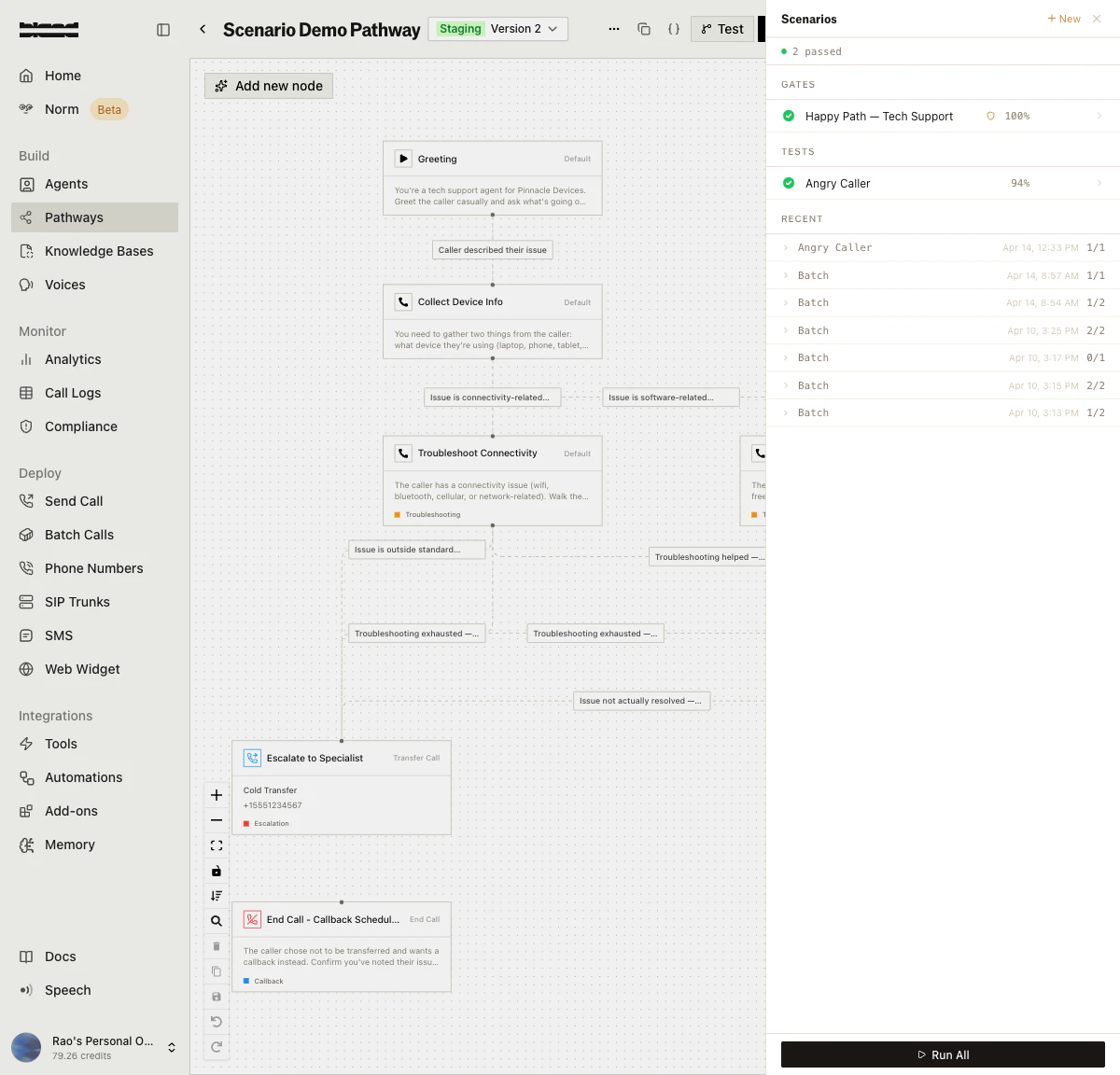 Pathway editor with the Scenarios panel open showing gates, tests, and recent runs