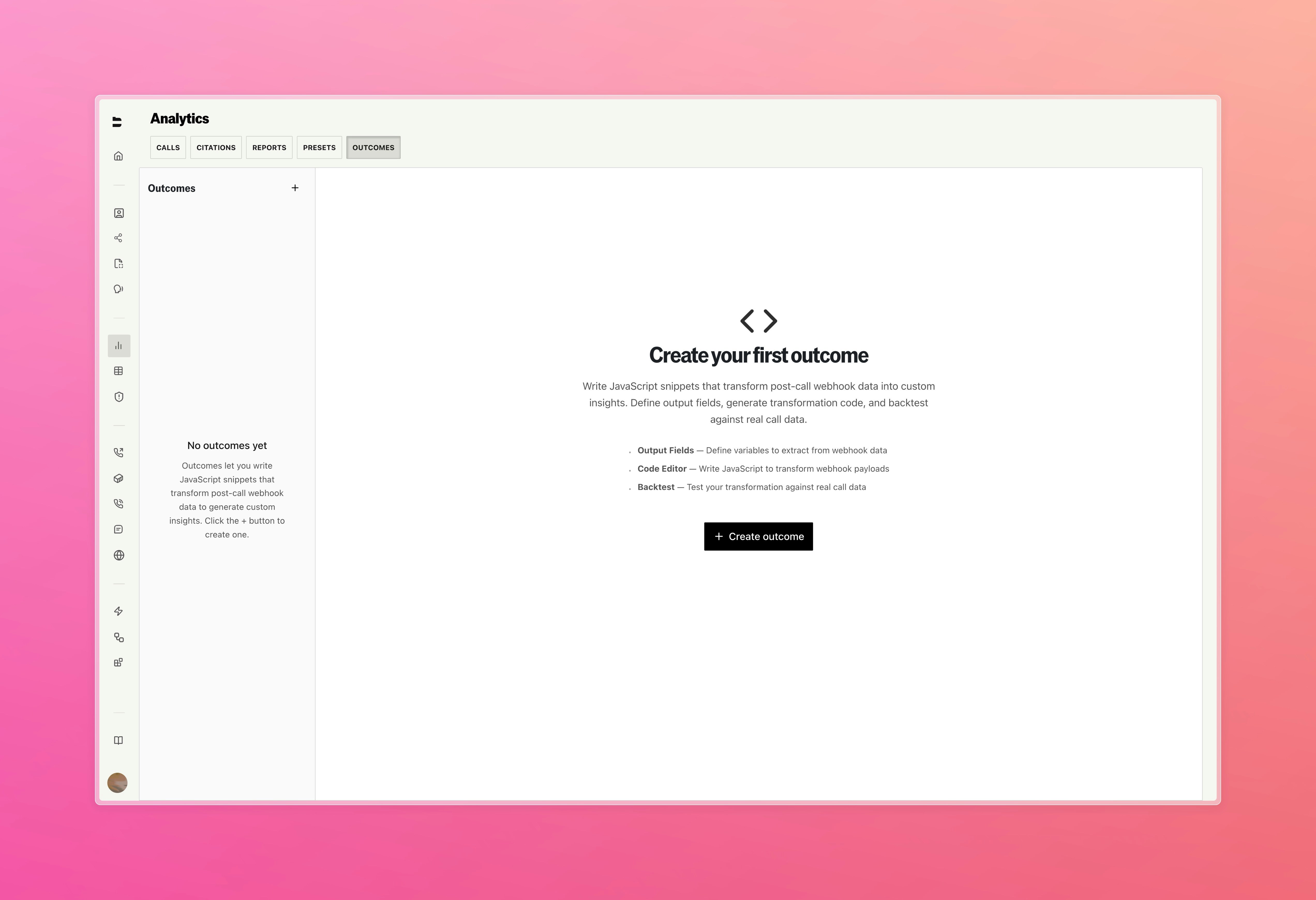 Outcomes list page showing defined outcomes