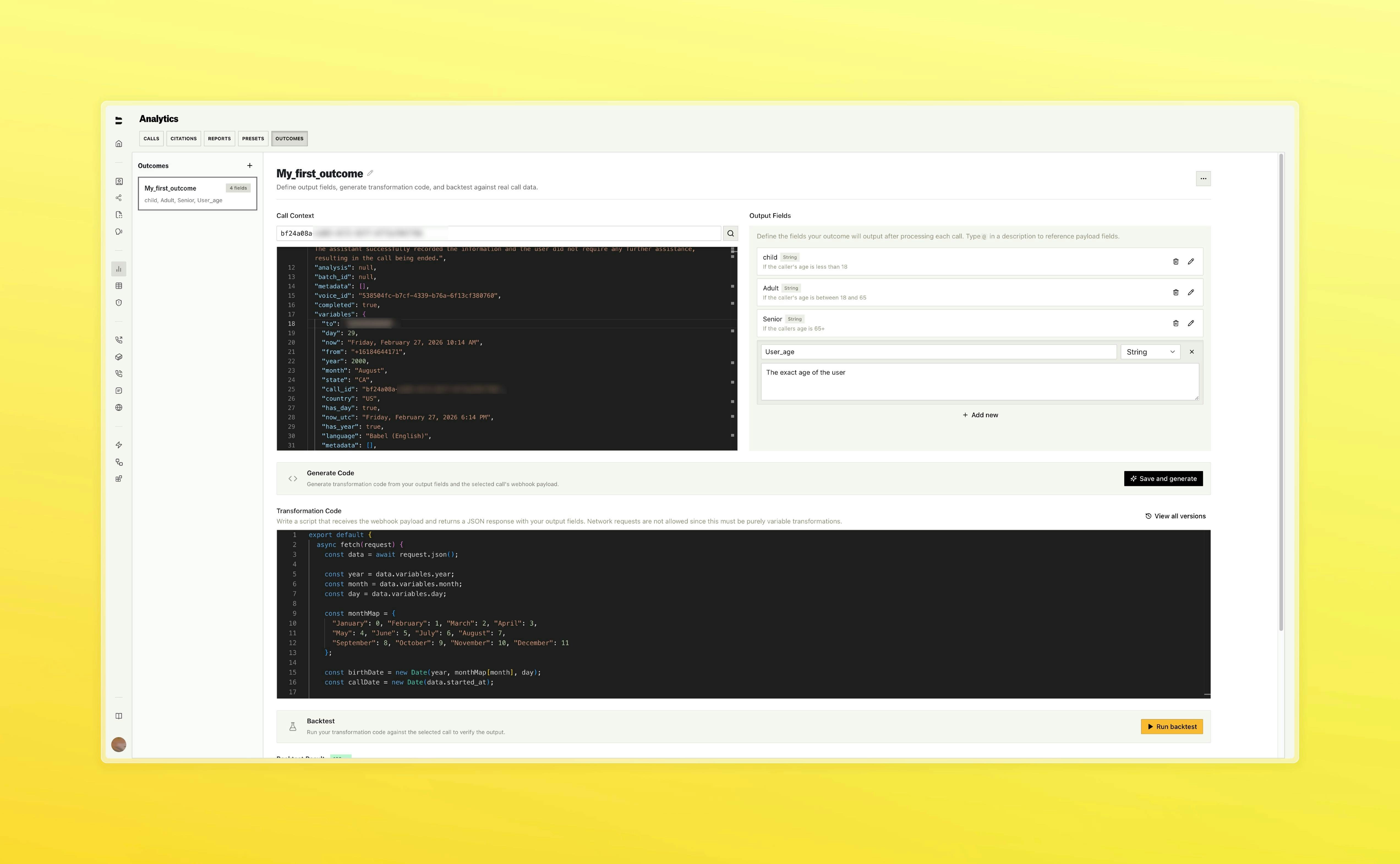 Backtest output panel showing outcome run results and AI fix feedback