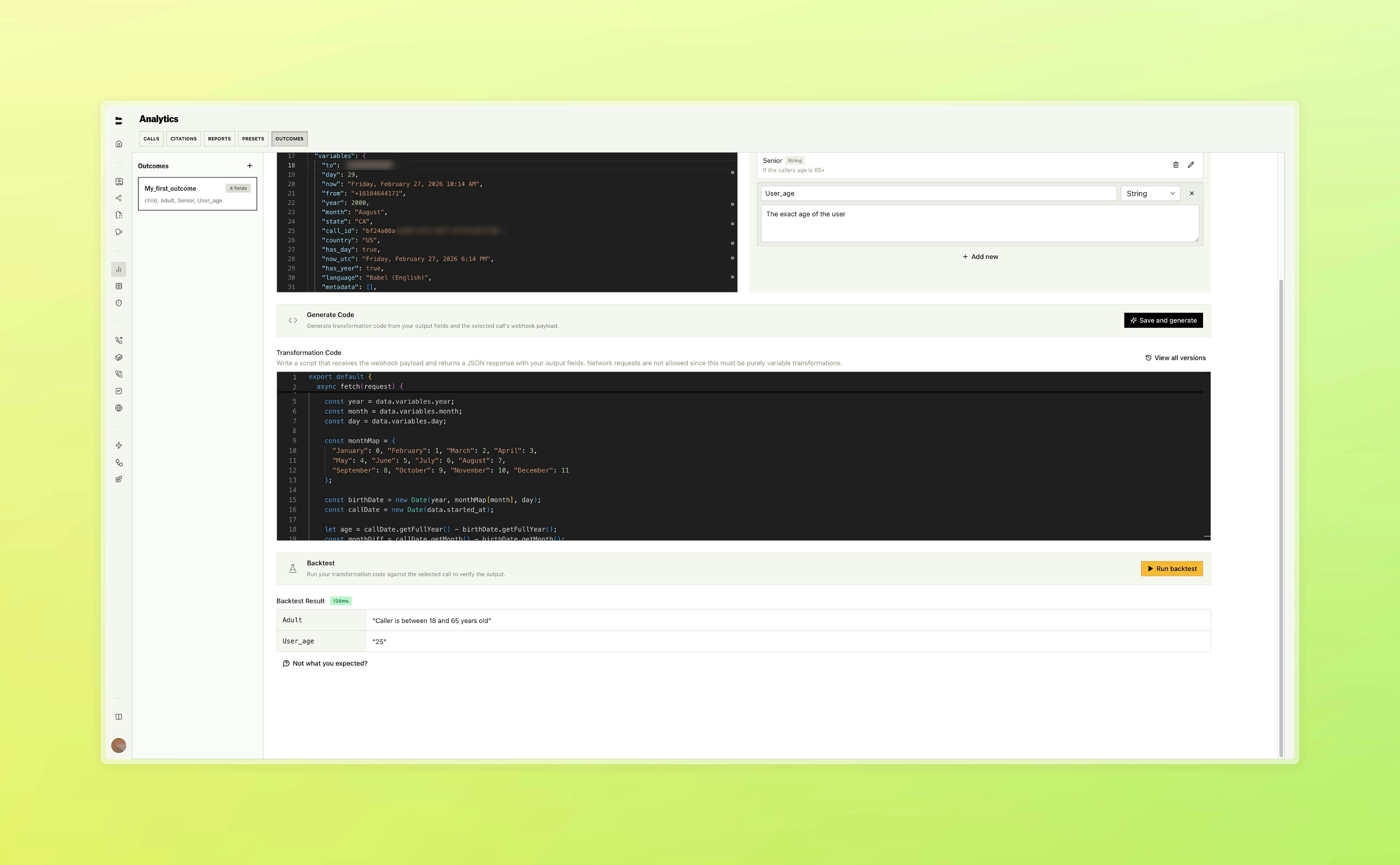 Outcome results surfaced inline on a call log