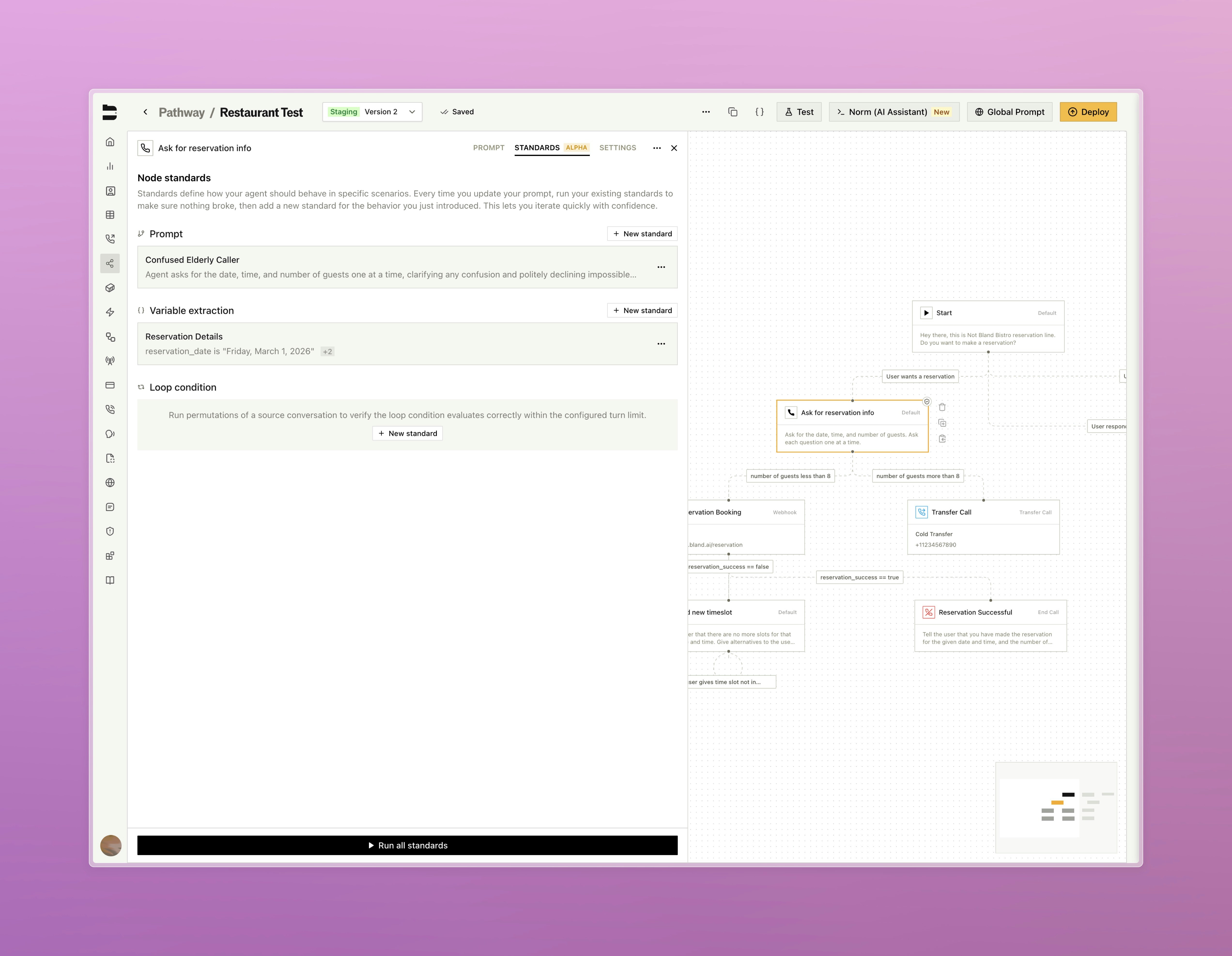 Standards tab in the pathway testing panel showing defined standards