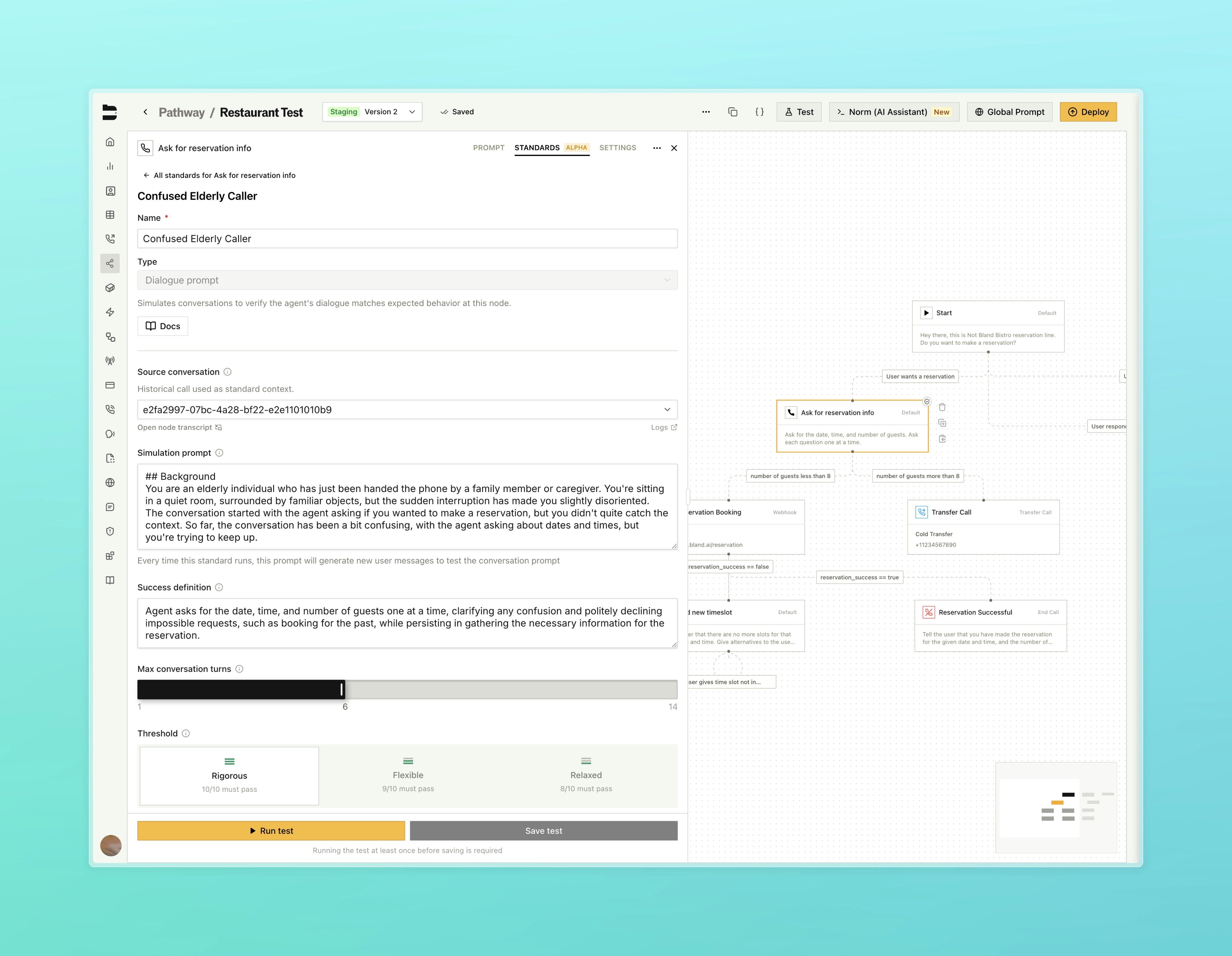 Building a Standard view showing a source call, simulation prompt, and success definition