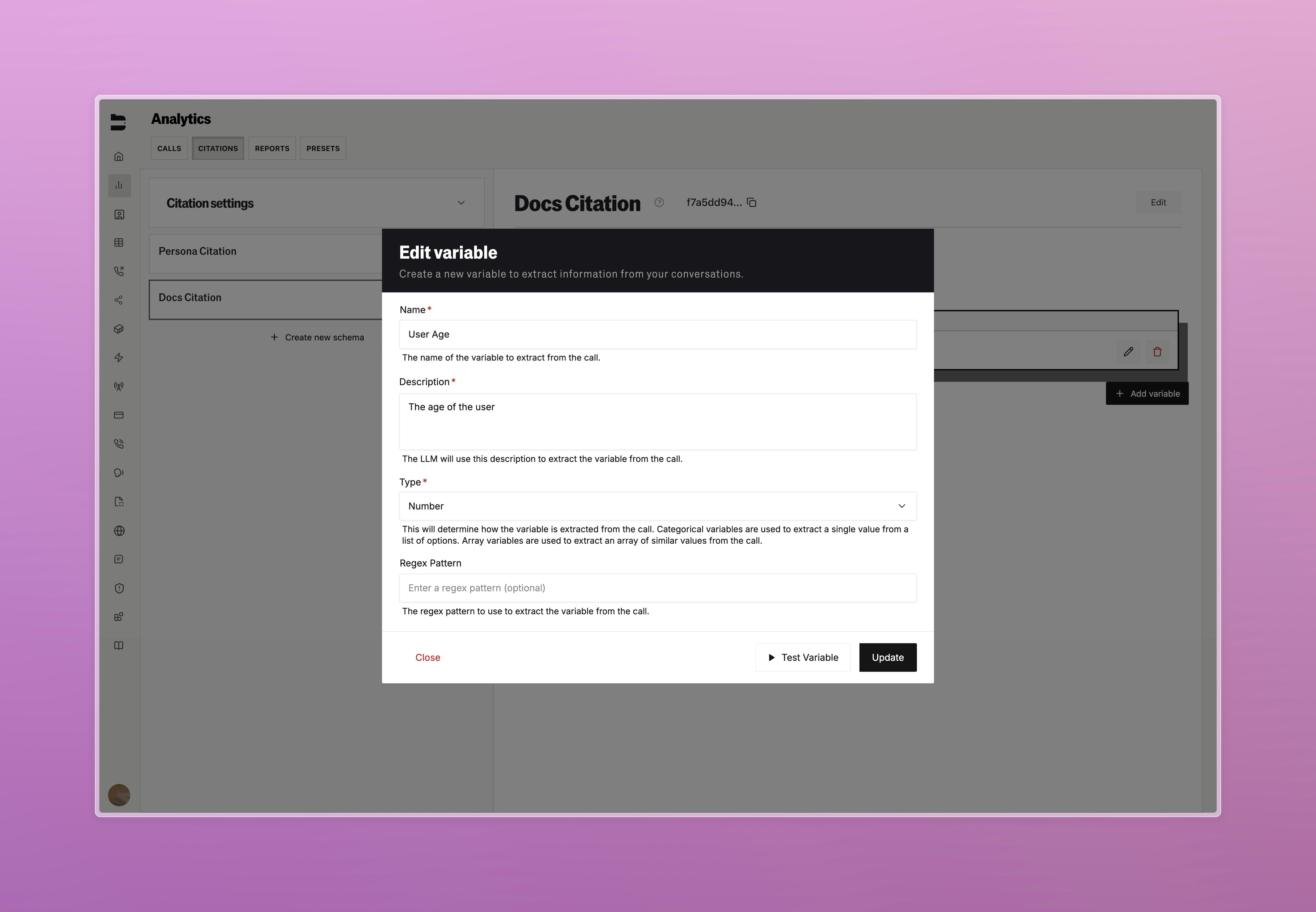 Citation testing setup interface