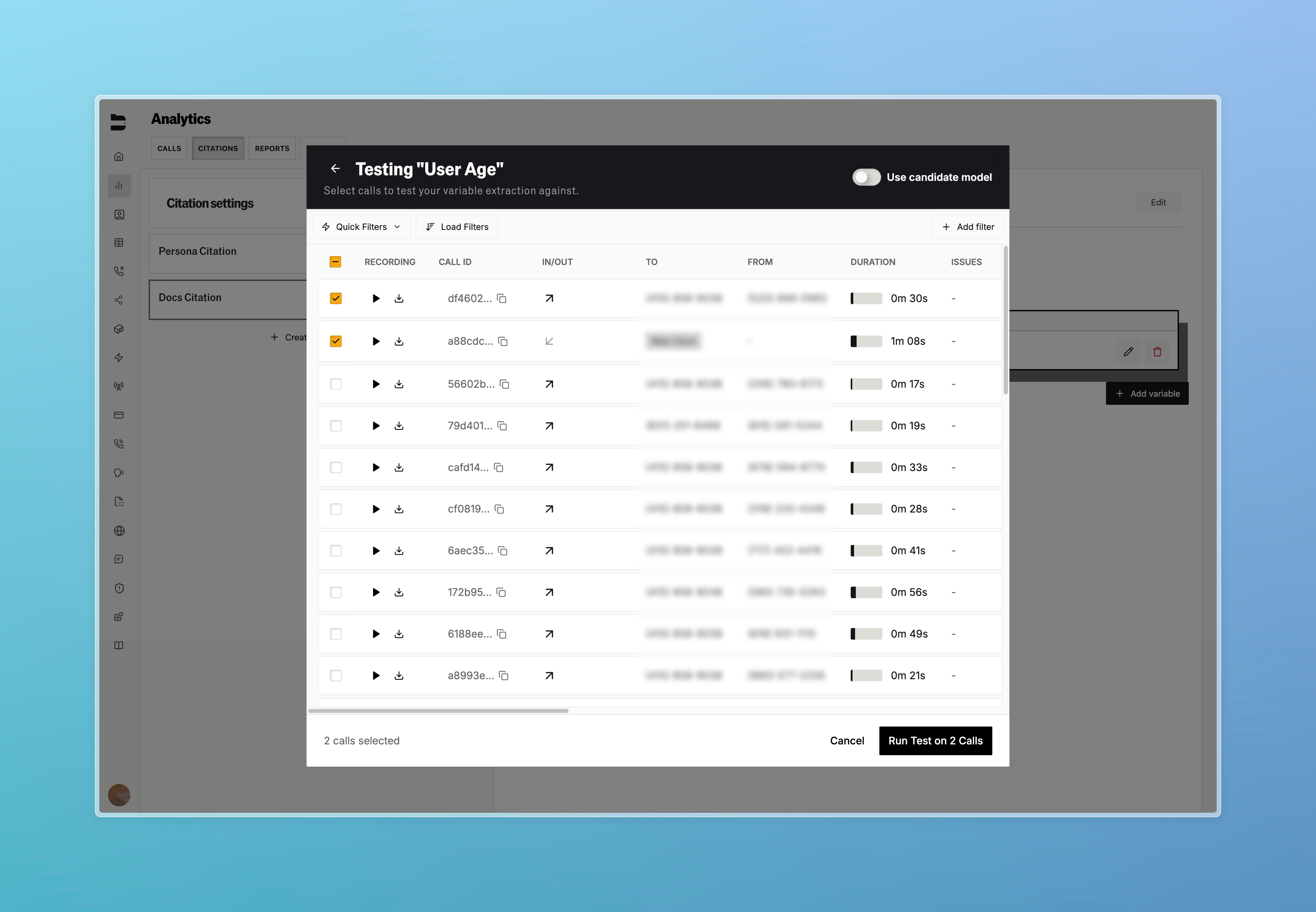 Citation variable testing interface