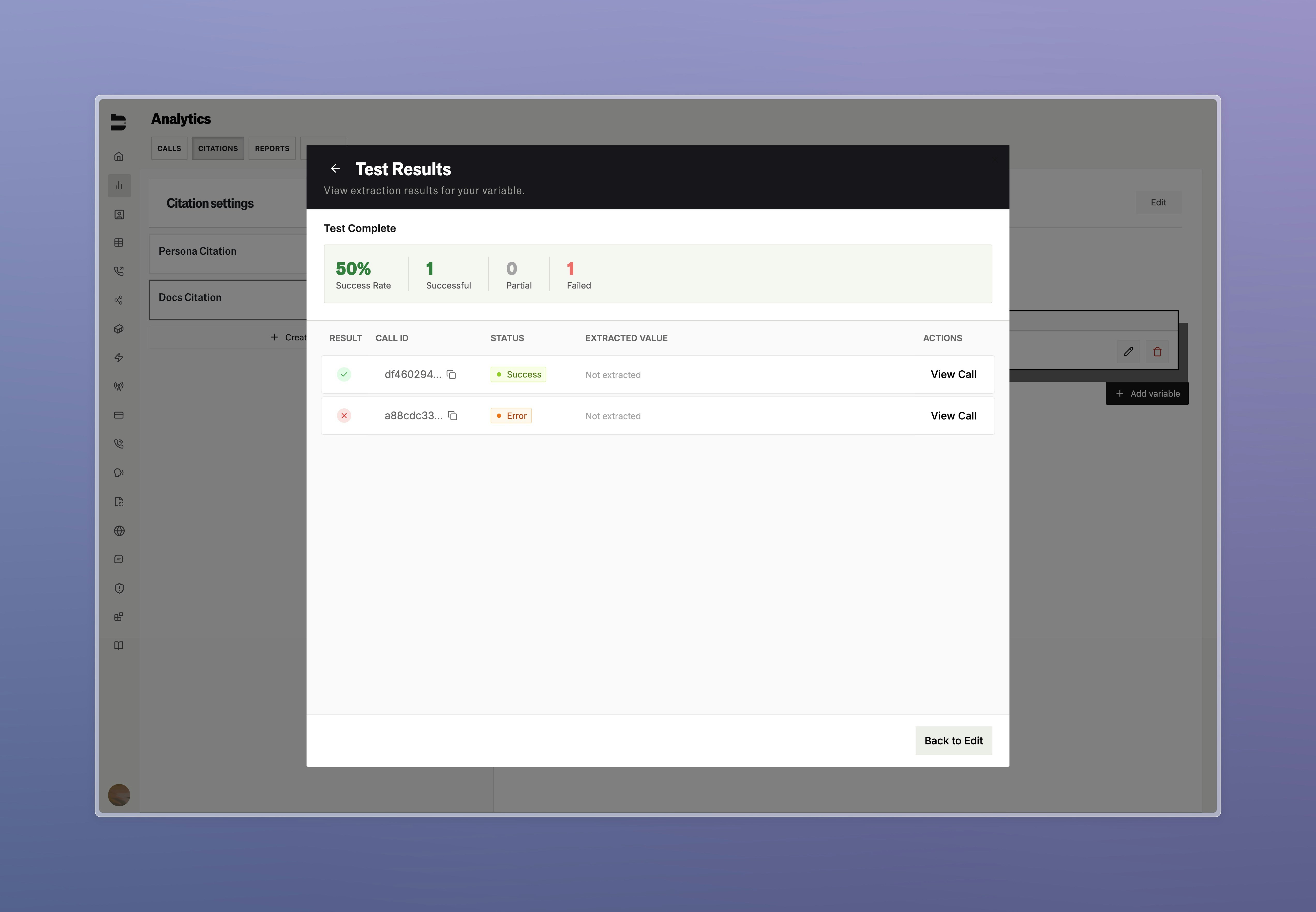 Citation testing results display