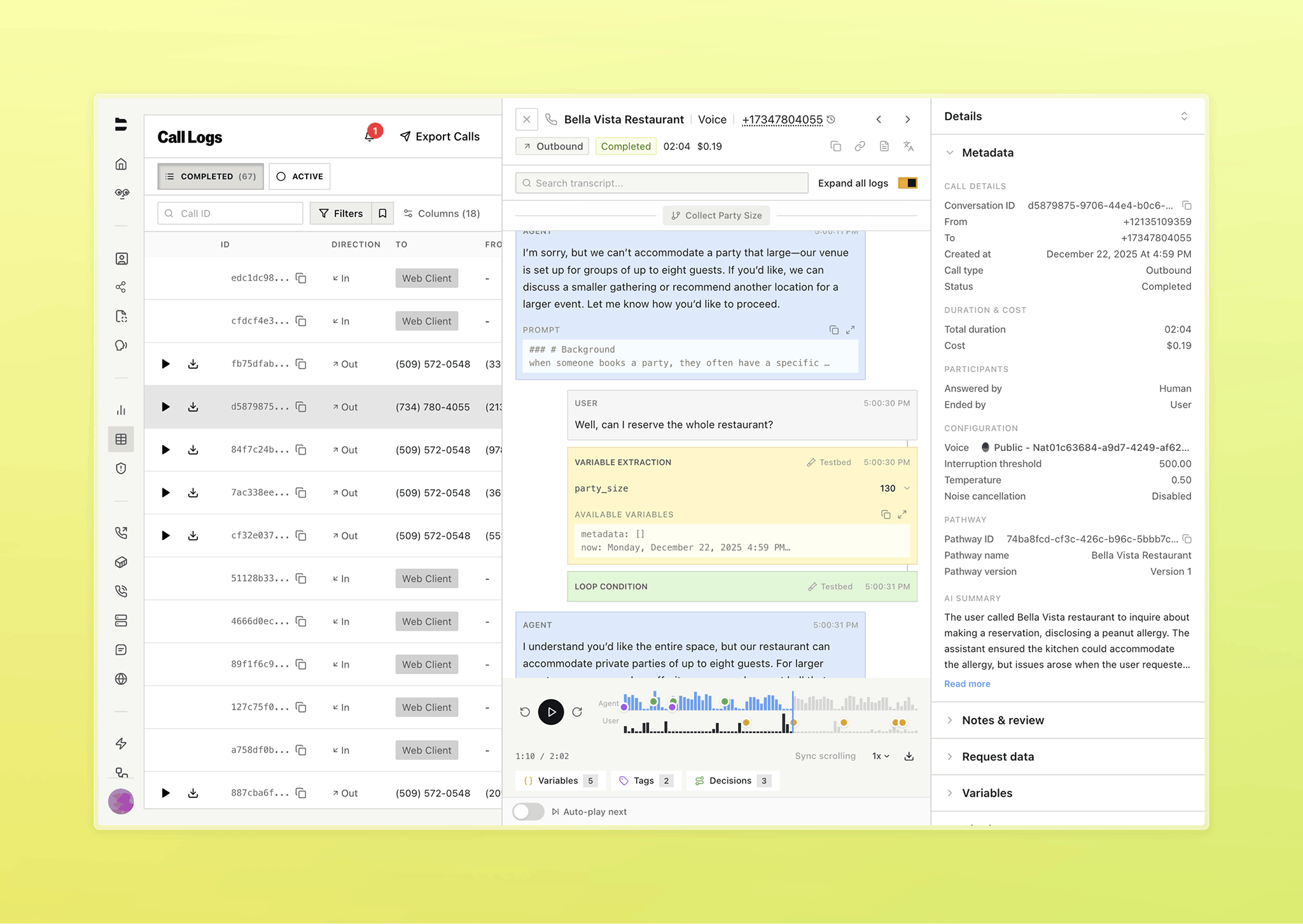 Call detail view showing transcript with expanded logs, variable extraction, loop condition, audio player, and the context panel with metadata