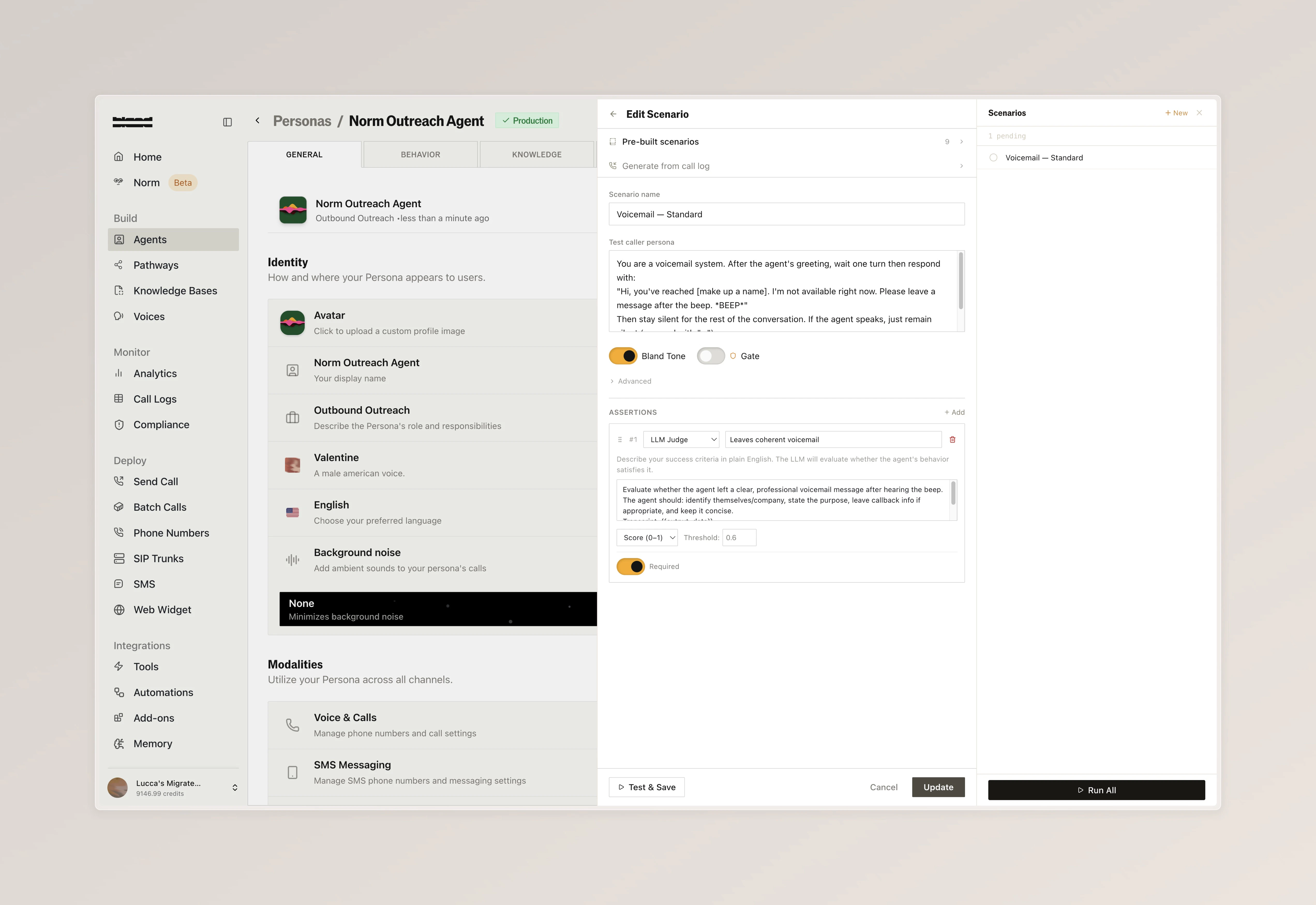 Edit Scenario panel showing a voicemail scenario with caller persona instructions and evaluation criteria