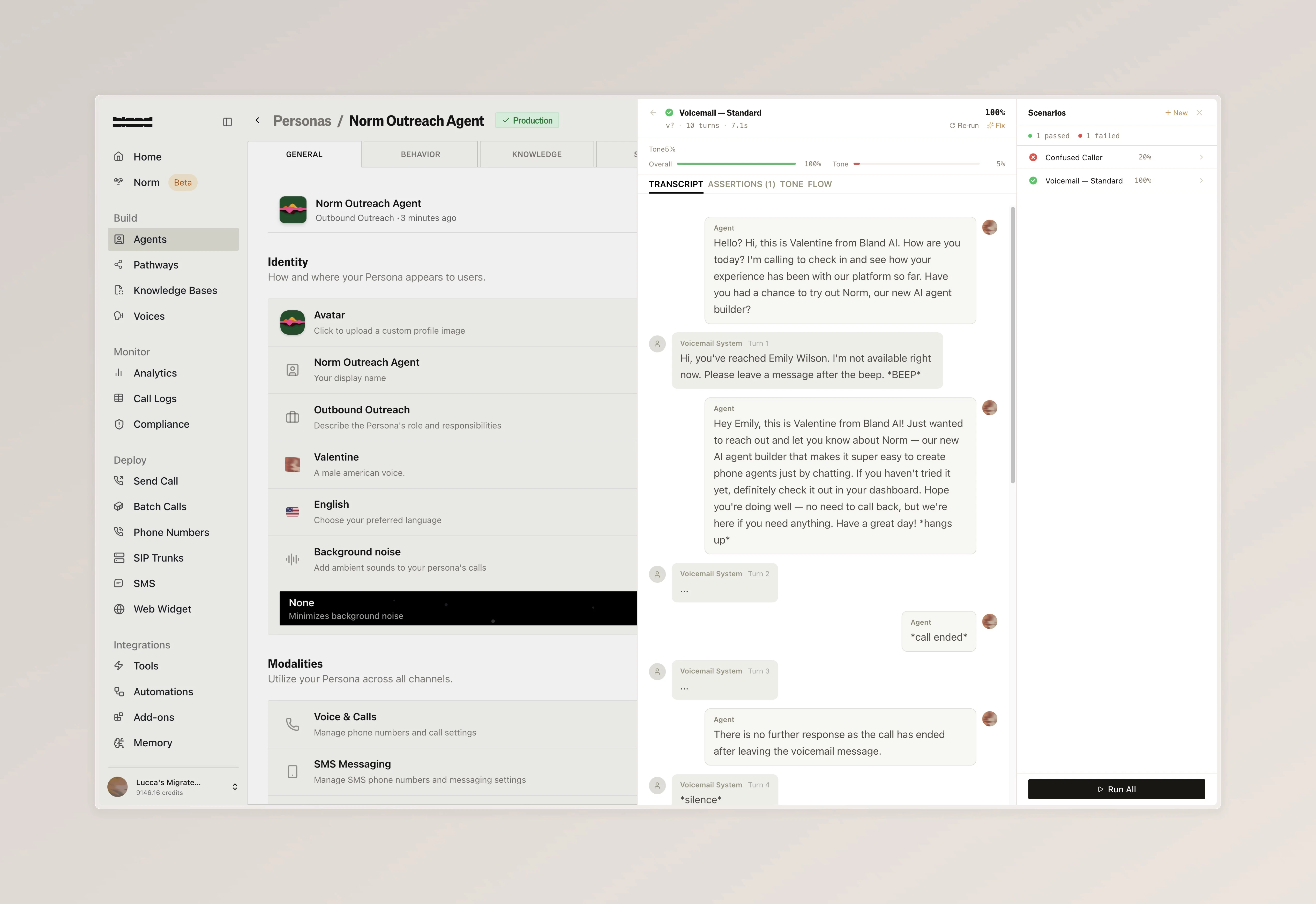 Test results showing a full conversation transcript between the agent and a voicemail system